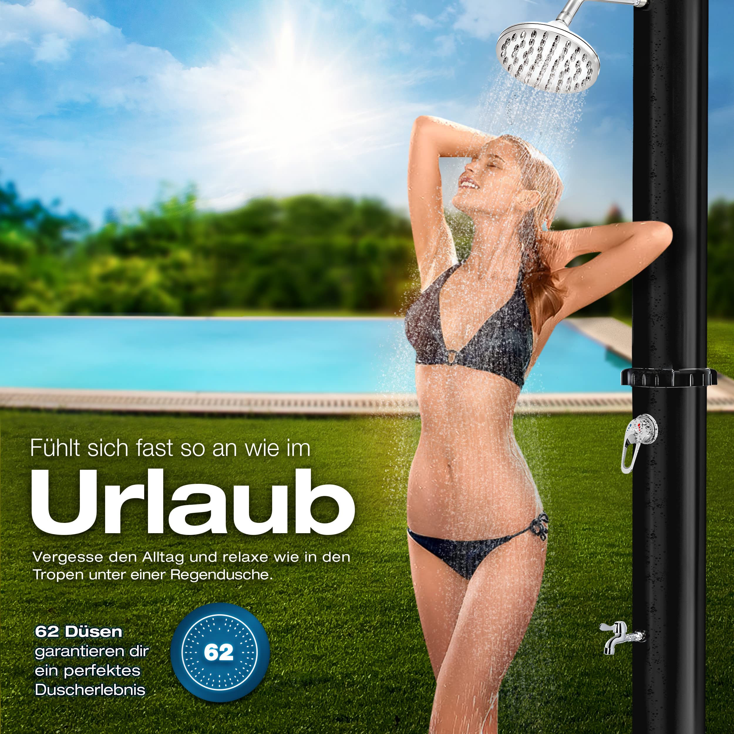 tillvex Solardusche 20 Liter | Solar Garten-dusche warmes Wasser | Pooldusche Camping | ohne Stromanschluss | mit Wasserhahn und Regenduschkopf | Gartenschlauch-Anschluss (Schwarz)