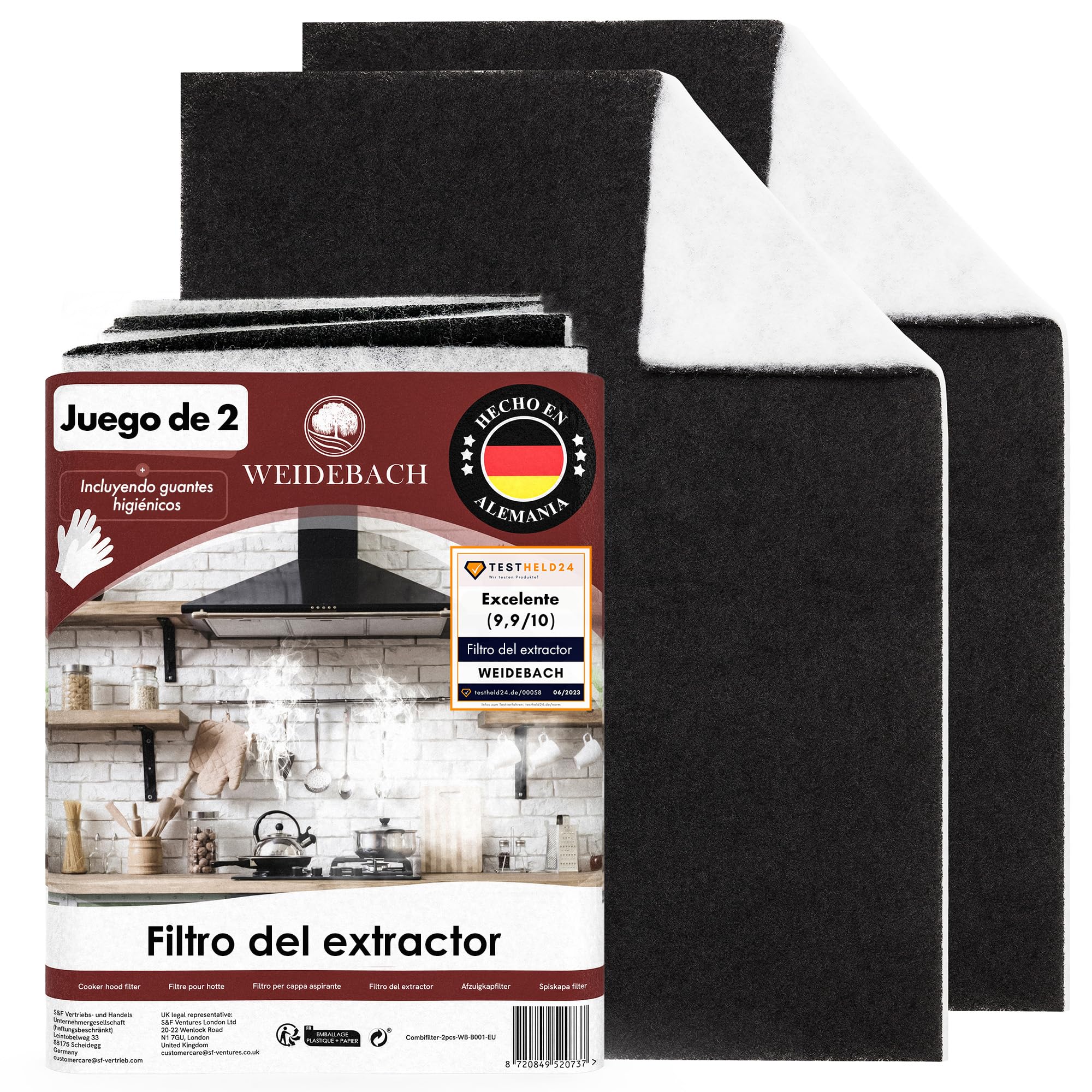 WEIDEBACH 2 filtro KOMBI para campana extractora con carbón activo y filtro de grasa, 57 x 47 cm [recortables] – aprox. 1,7 cm de grosor
