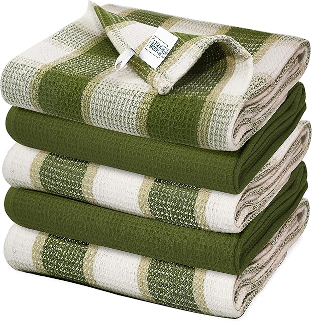 100% Cotton Tea Towels with Hanging Loop | 70 cm x 45 cm, 5 Pack | Scratch Free, Machine Washable Dish Towels for drying dishes | Lint-Free, Super Absorbent Green Kitchen Towels - Green