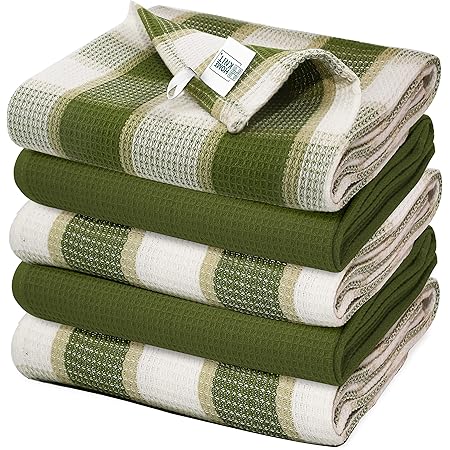 Linens Limited Terry Towelling Cotton Kitchen Tea Towels, Green/White