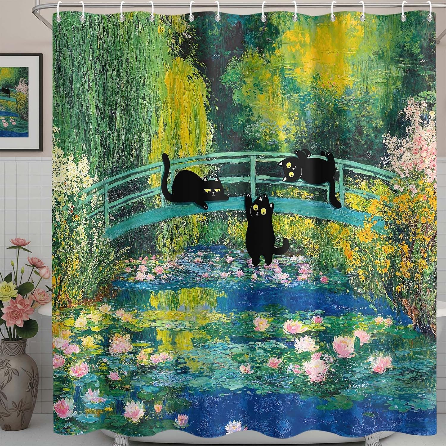 AMM Cute Funny Cat Shower Curtain for Bathroom 72 X 72 Inch | Fun Black Cats Shower Curtains, Monet Water Lilies Bridge Kids Bath Curtain Decor, Water-Resistant Washable Polyester Fabric