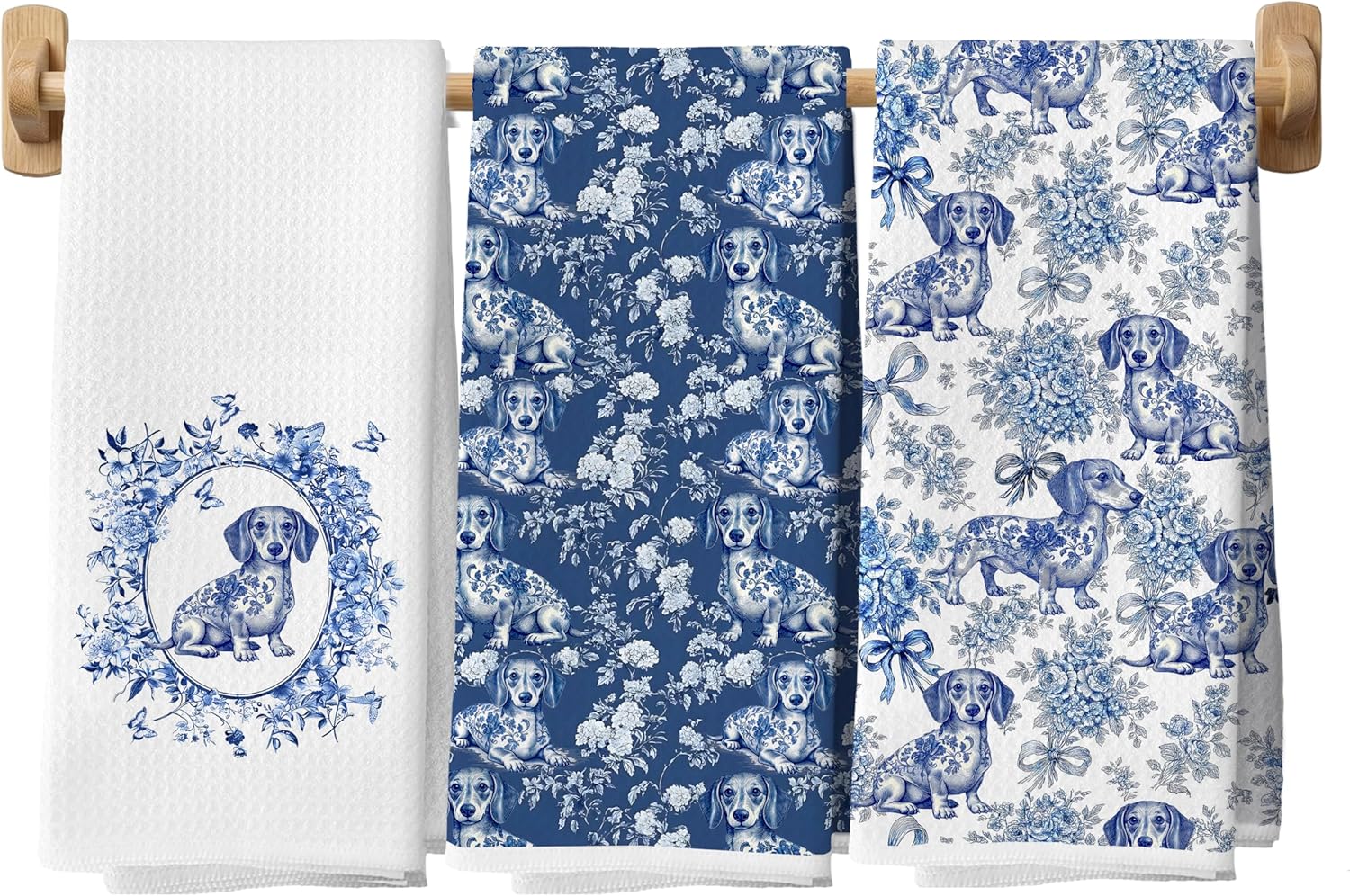 Chinoiserie Dachshund Blue and White Kitchen Towels Decorative 16x24 in Set of 3, Weiner Dog Gifts for Women Hand Towels for Bathroom, Vintage Toile Floral Dachshund Dishtowels for Kitchen