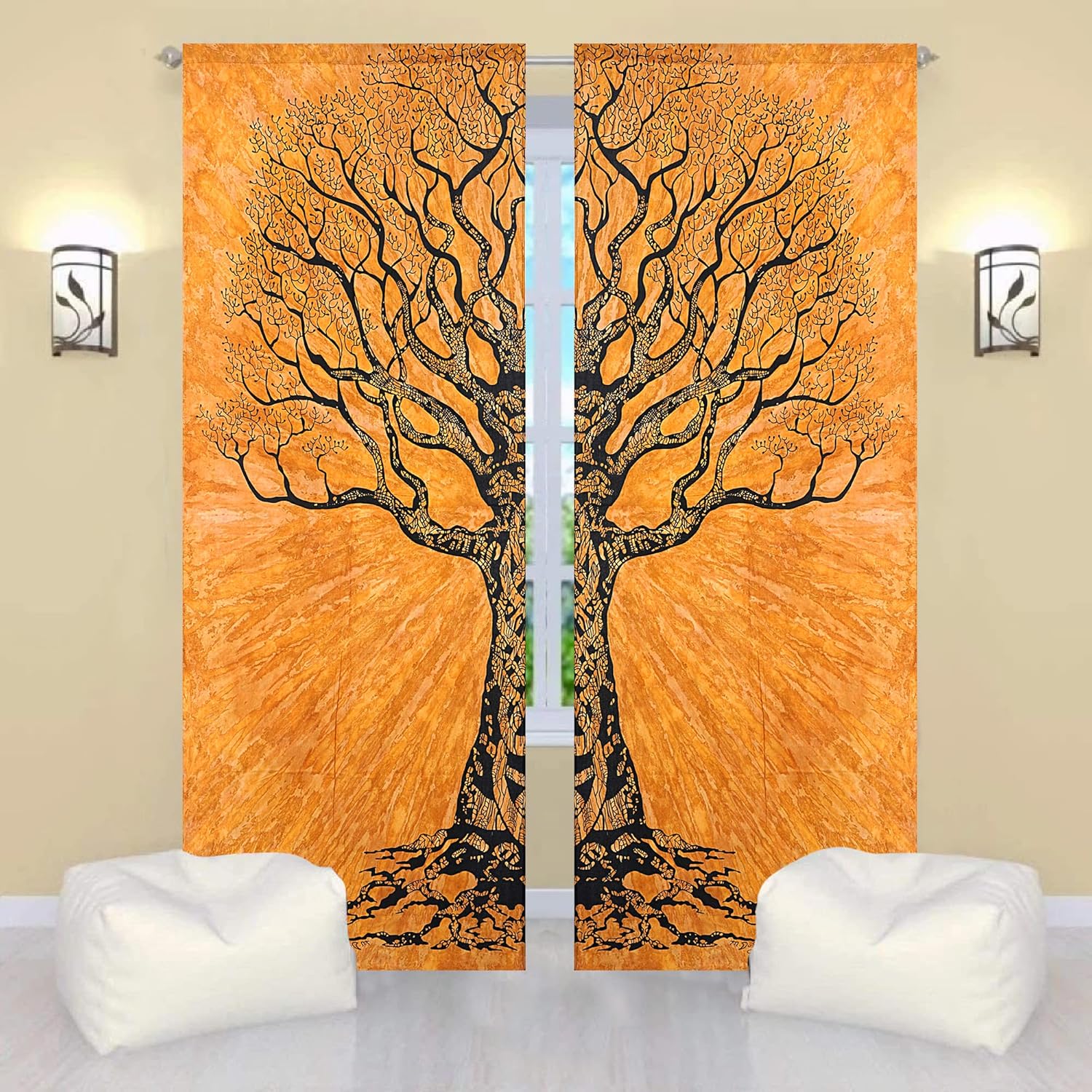 Indian Mandala Curtain Balcony Sheer Room Divider Living Room Bohemian Decor Light-Filtering Blackout Gypsy Door Curtain (82x41 Inches, Brown Tree)