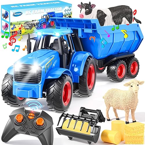Funwee Juego de juguete de tractor a control remoto con luz y sonido, coche de granja para niños, ruedas de remolque, camión eléctrico, juguete de
