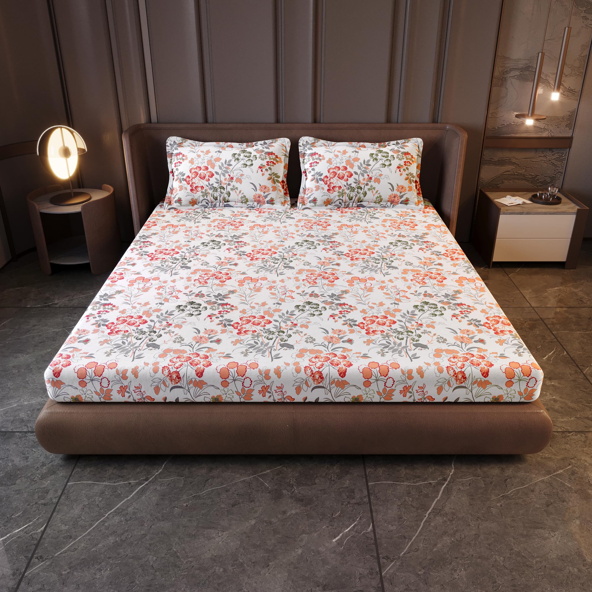 Divine Casa 144 TC Cotton King Size Bedsheet with 2 Pillow Covers | Soft Breathable Wrinkle Free Bedsheet for King Size Bed | Printed Bed Sheet Set for Bedroom | 270 x 270 cm (Peach Blush, Floral) 1