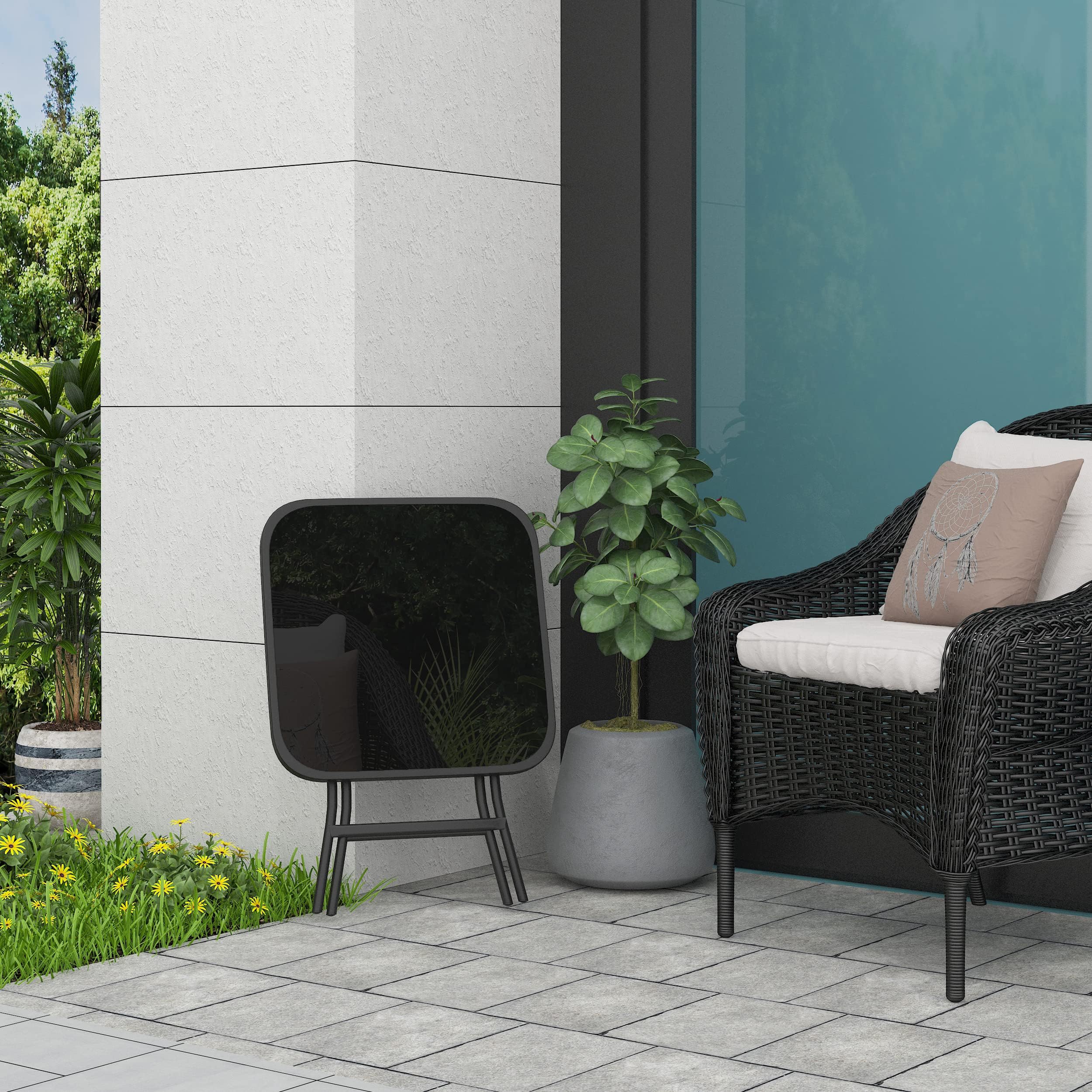 eSituro Tavolino da Balcone, Tavolo da Esterno con Piano in Vetro, Tavolino Quadrato da Giardino, Tavolo Richiudibile, Pieghevole, Nero, 46x46x48 cm