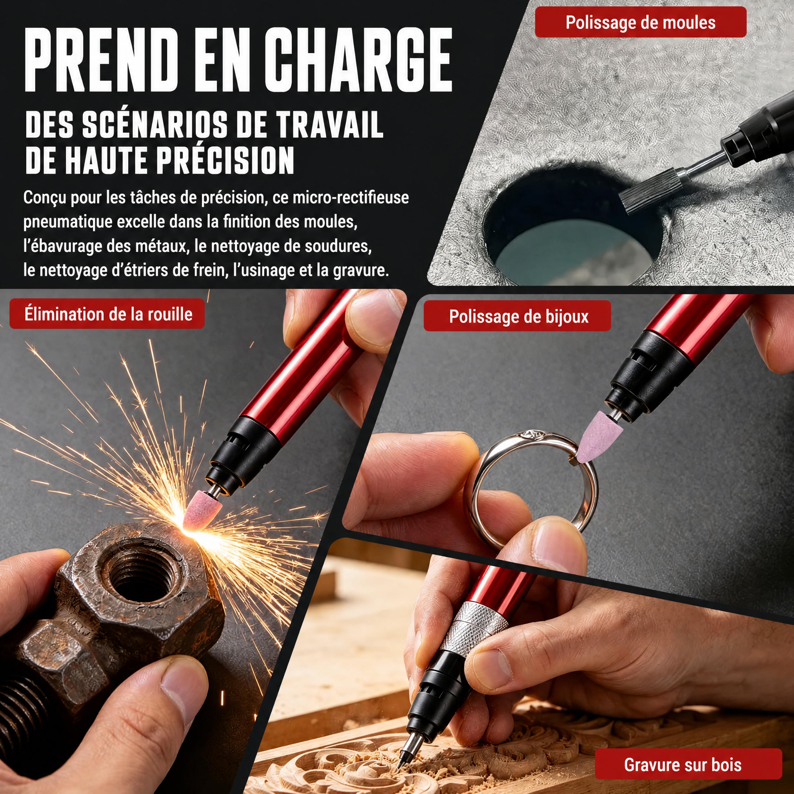 Meuleuse à Crayon Pneumatique, Mini Meuleuse Pneumatique Micro Meuleuse à Air, 65000rpm Micro Broyeur Pneumatique Broyeur à Air Mini Meuleuse Droite Avec Clé à Main Pour Le Polissage Et Le Meulage