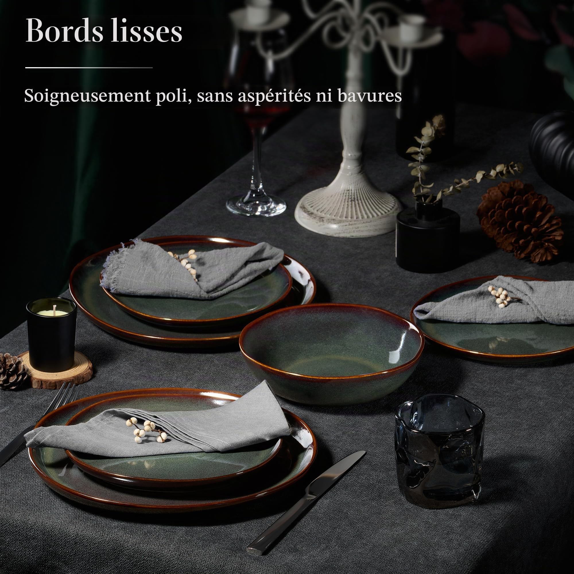 Onader Service de table pour 6 personnes, 18 pièces, en faïence, bols à céréales, assiettes à dessert, assiettes plates, anti-rayures et passe au micro-ondes, vert mousse réactive