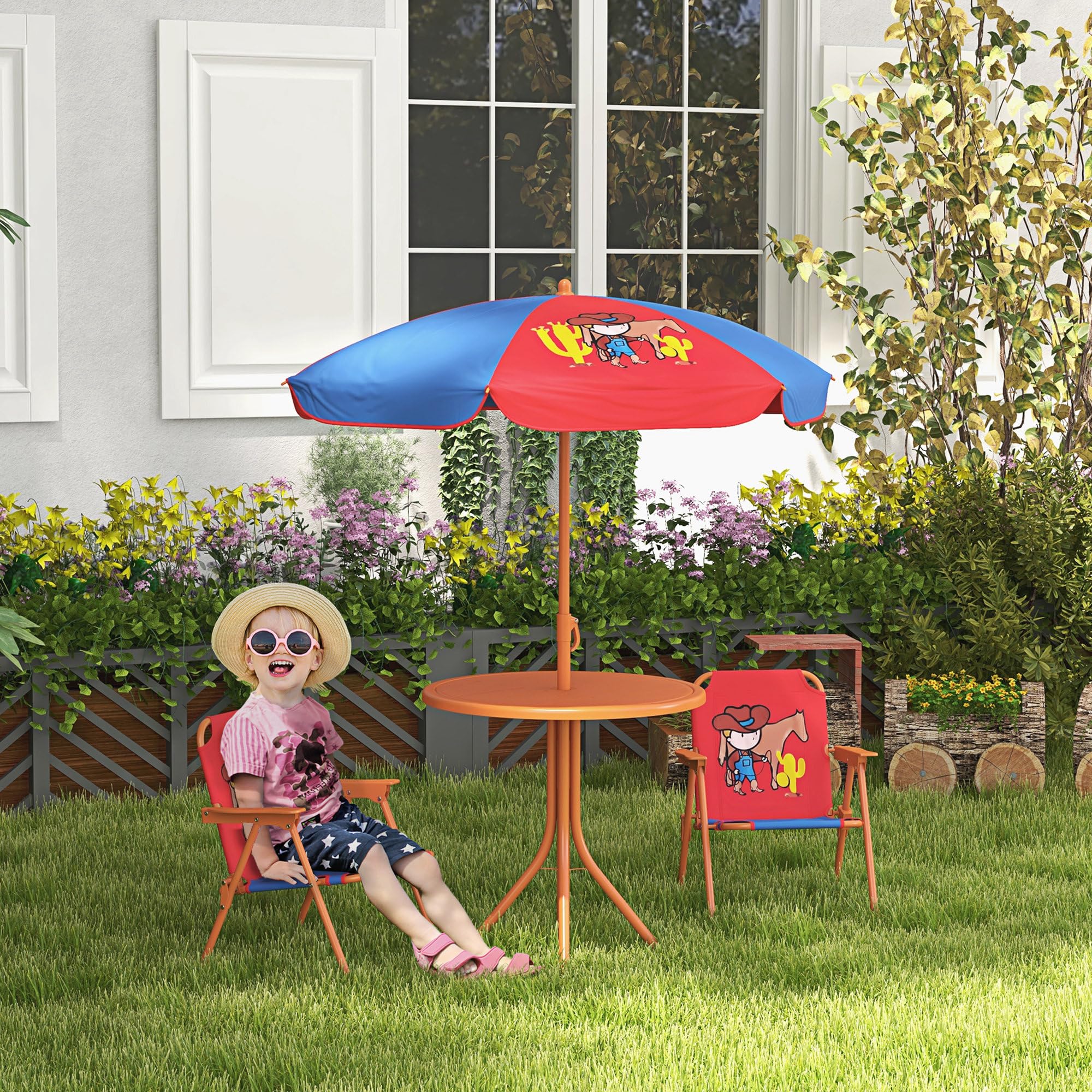Outsunny Kinder Bistro Set – Tisch + 2 Stühle + Sonnenschirm, Cowboy-Thema, Faltbar, Für 2–5 Jahre