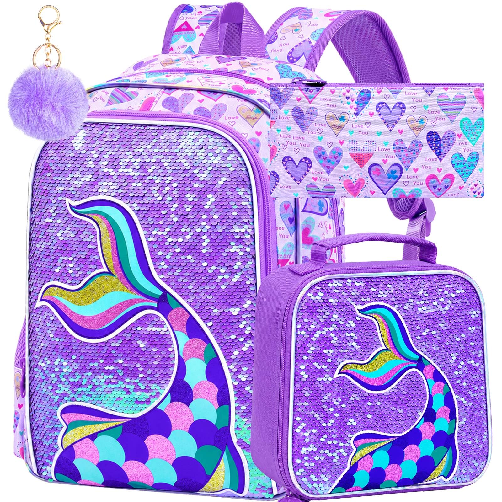 CCJPX 16" Mermaid Backpack for Girls, 3Pcs Kids Sequin Bookbag with Lunch Box, Water Resistant Elementary School Bag for Kindergarten Preschool Toddler (Purple)