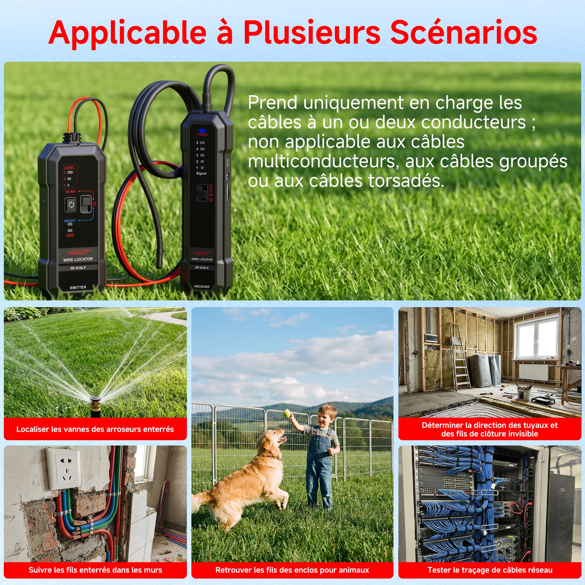 NOYAFA NF-818LP Localisateur de Fil Souterrain, Détecteur de Rupture et Court Circuit pour Câbles, Traceur de Fil pour Clôture Invisible Chien, Réseaux et Irrigation
