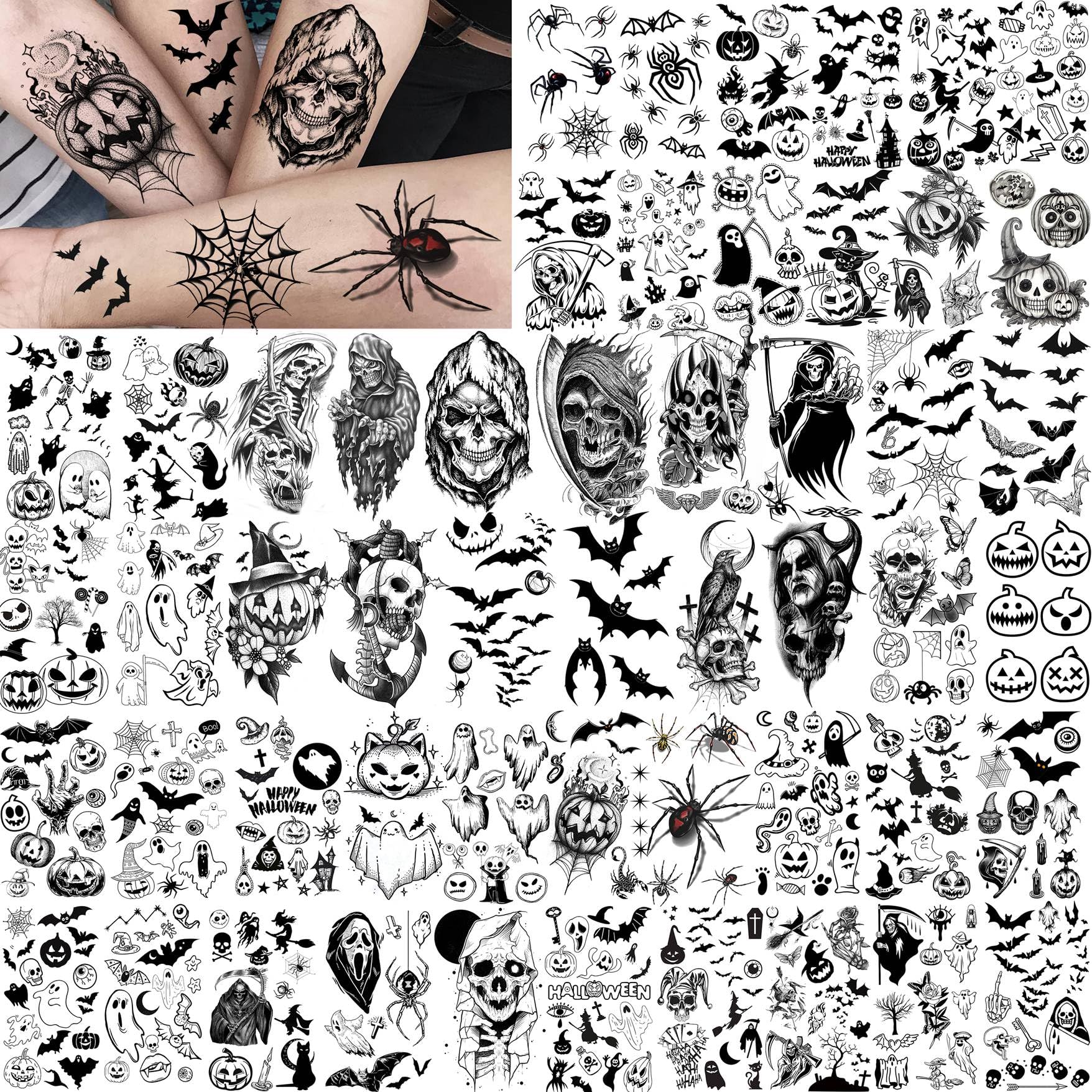 52 Sheets Halloween Temporary Tattoos For Kids Boys Girls Women Men, Adults 3D Scary Face Skull Fake Tattoos Sticker, Ghost Zombie Vampire Bat Spider Web Tattoos Cat Goodie Bag Stuffers Accessory