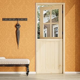 30" x 80" Dutch Door Slab，1.75-inch Solid Pine Wood Front Entry Interior Design，4 Lite Tempered Clear Glass Split Single Door，Exterior Use for Proch,Backyard Entries & Back​