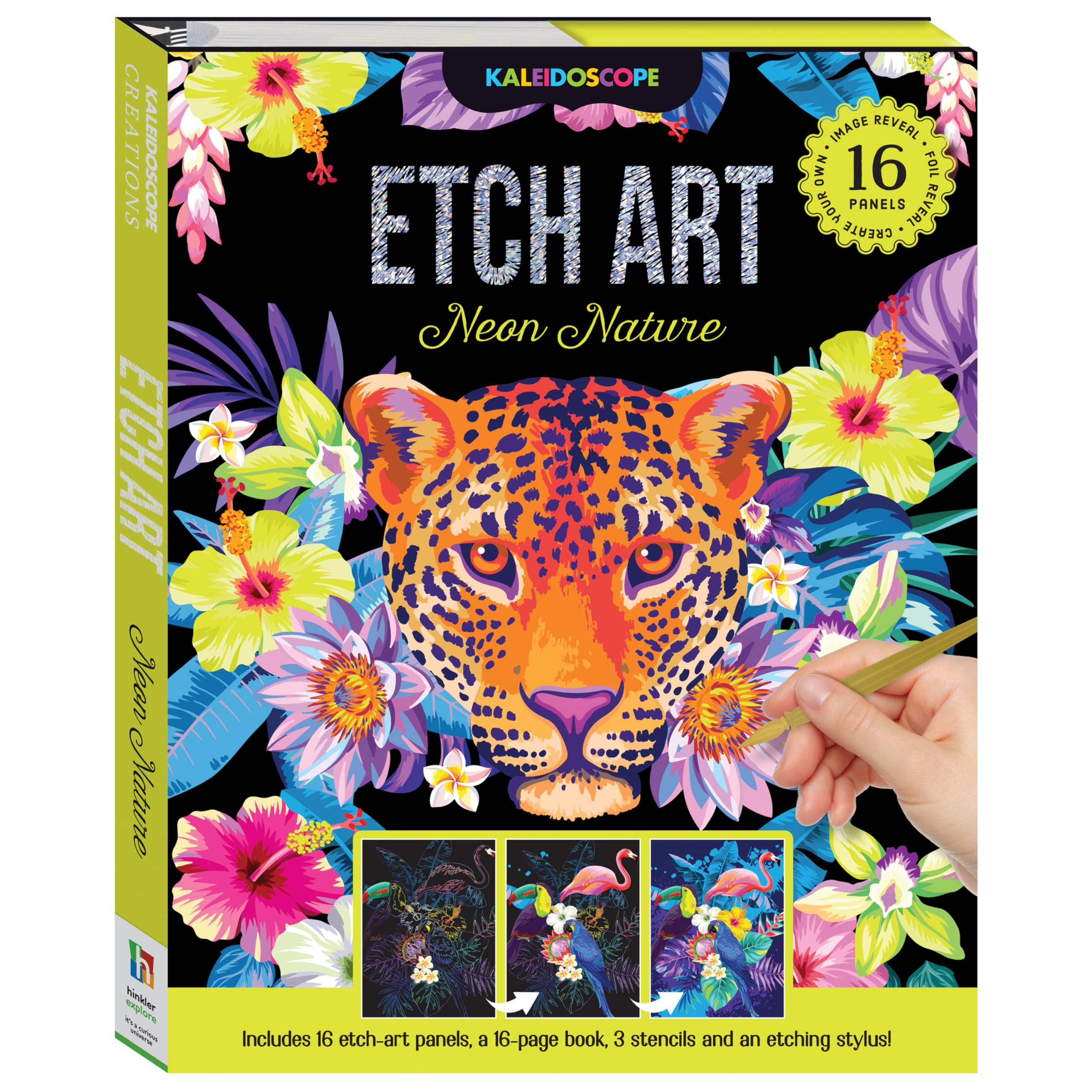 Hinkler Kaleidoscope Etch Art Creations – Neon Nature Edition, includes 16 etch-art Panles, a 16-page Book, 3 Stencils, and an etching stylus, Vibrant Etching Art Kit for Kids