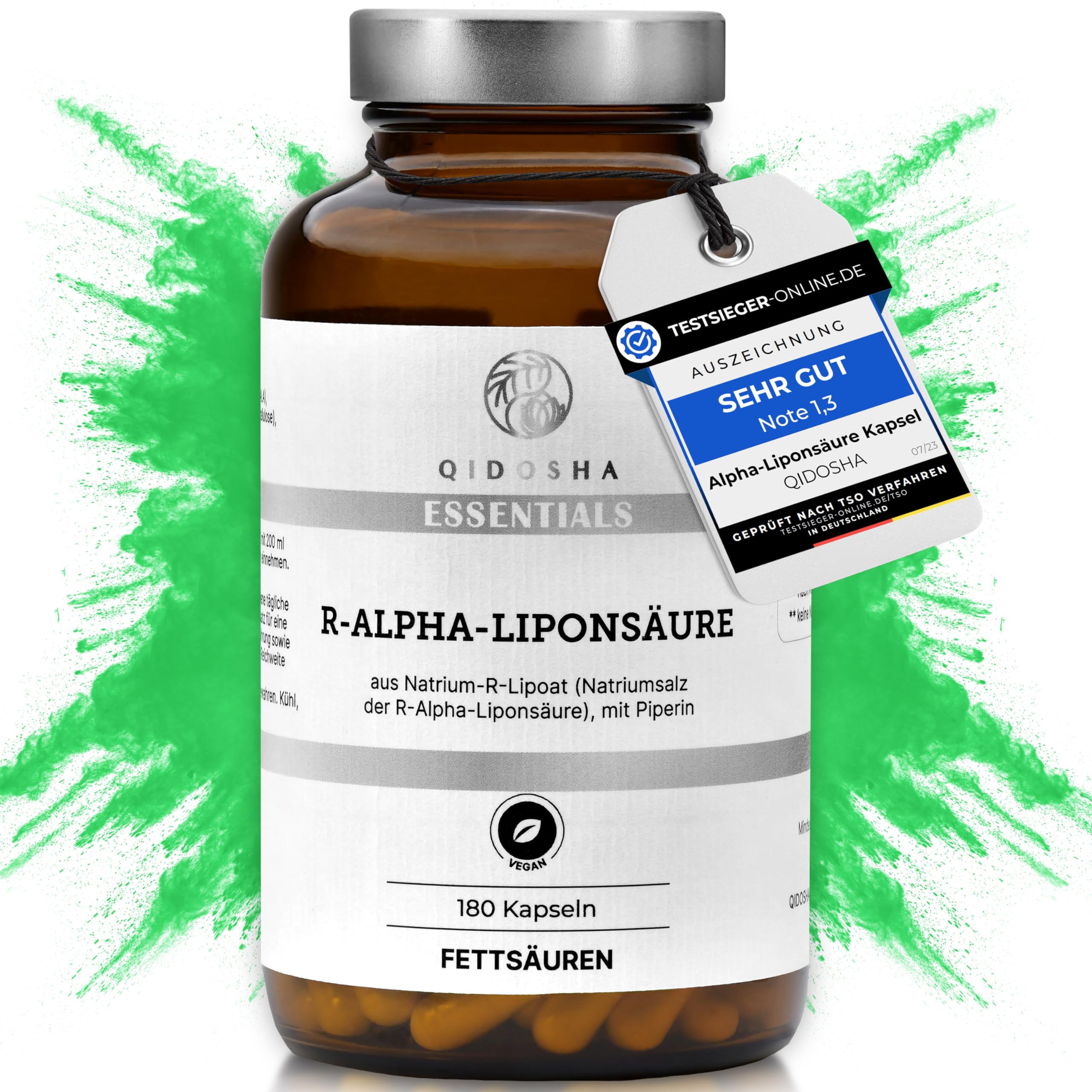 QIDOSHA® R-Alpha-Liponsäure, TESTSIEGER 07/23*, R-Alpha-Liponsäure Kapseln hochdosiert aus Na-R-Lipoat & Piperin als Bioenhancer, 180 Stk/Glas, erhöhte Bioverfügbarkeit dank Natrium-R-Lipoat