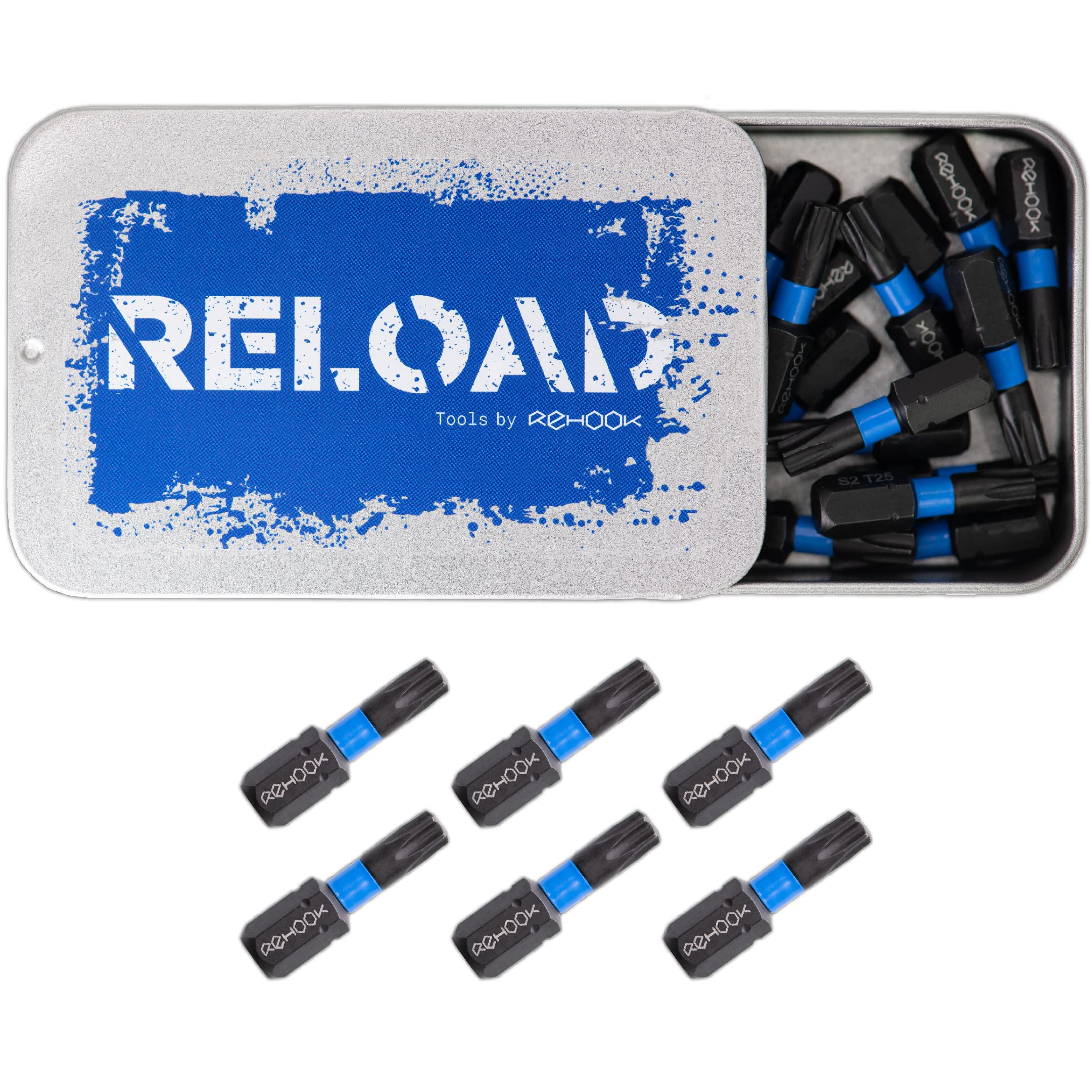 Rehook Reload T25 Torx 25mm Impact Screwdriver Bit Set, S2 Steel Drill Driver Bits with 1/4" Hex Shank, Durable Star Bits for Impact Drivers and Power Tools
