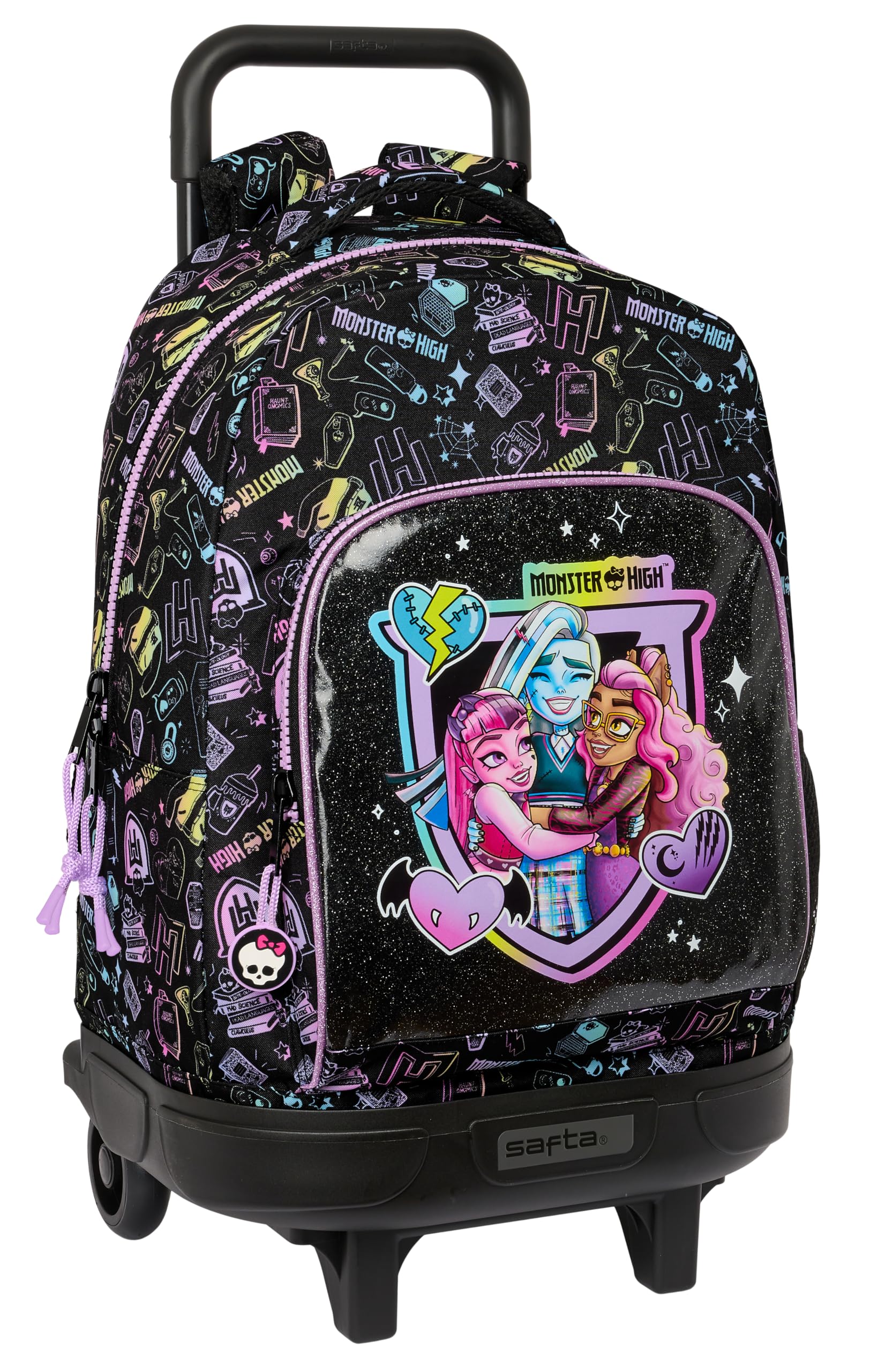 Safta MONSTER HIGH - Mochila Grande con Ruedas, Compacta, Extraíble, Ideal para Niños de Diferentes Edades, Cómoda y Versátil, Calidad y Resistencia, 33x22x45 cm, Color Negro