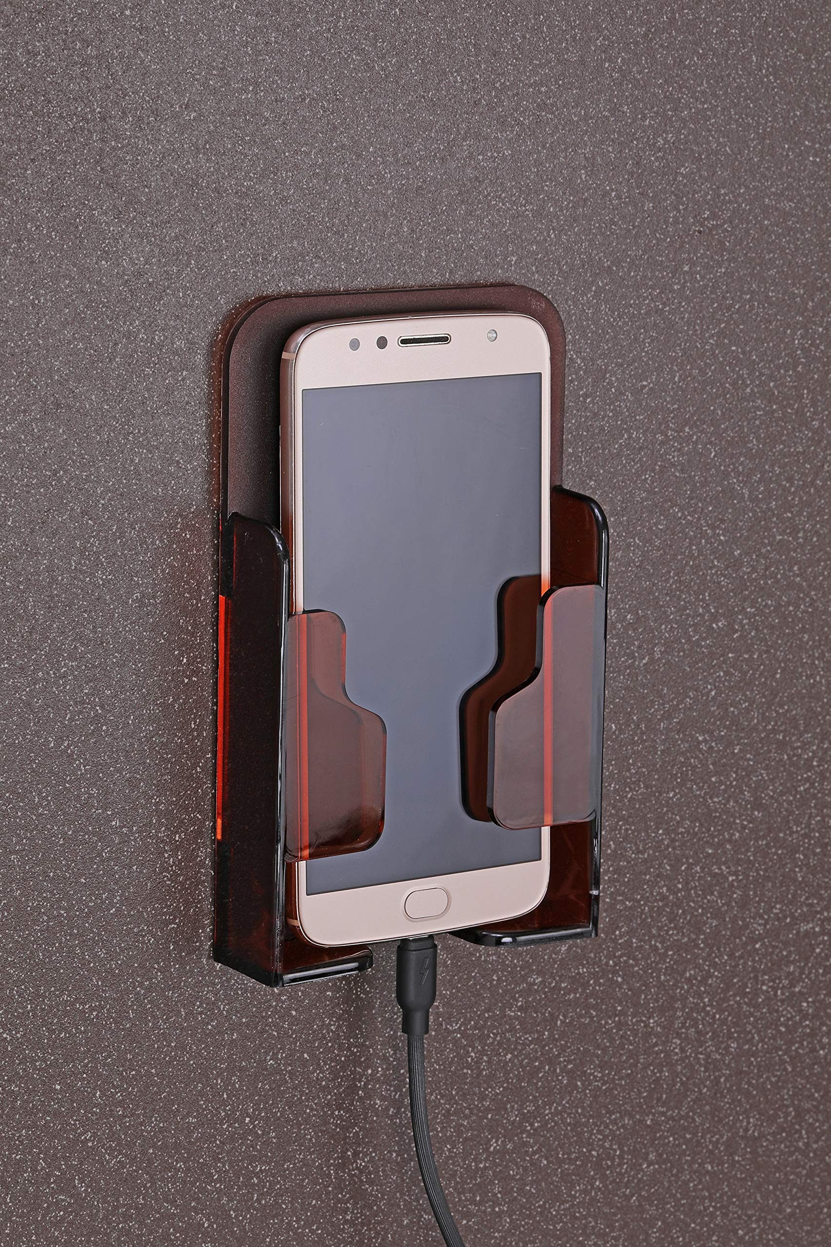 iSTAR Wall Mounted Mobile Phone Holder for Home | Stylish Cell Phone Charger Stand for Charging | Self Adhesive Plastic Mobile Accessories (Maroon)