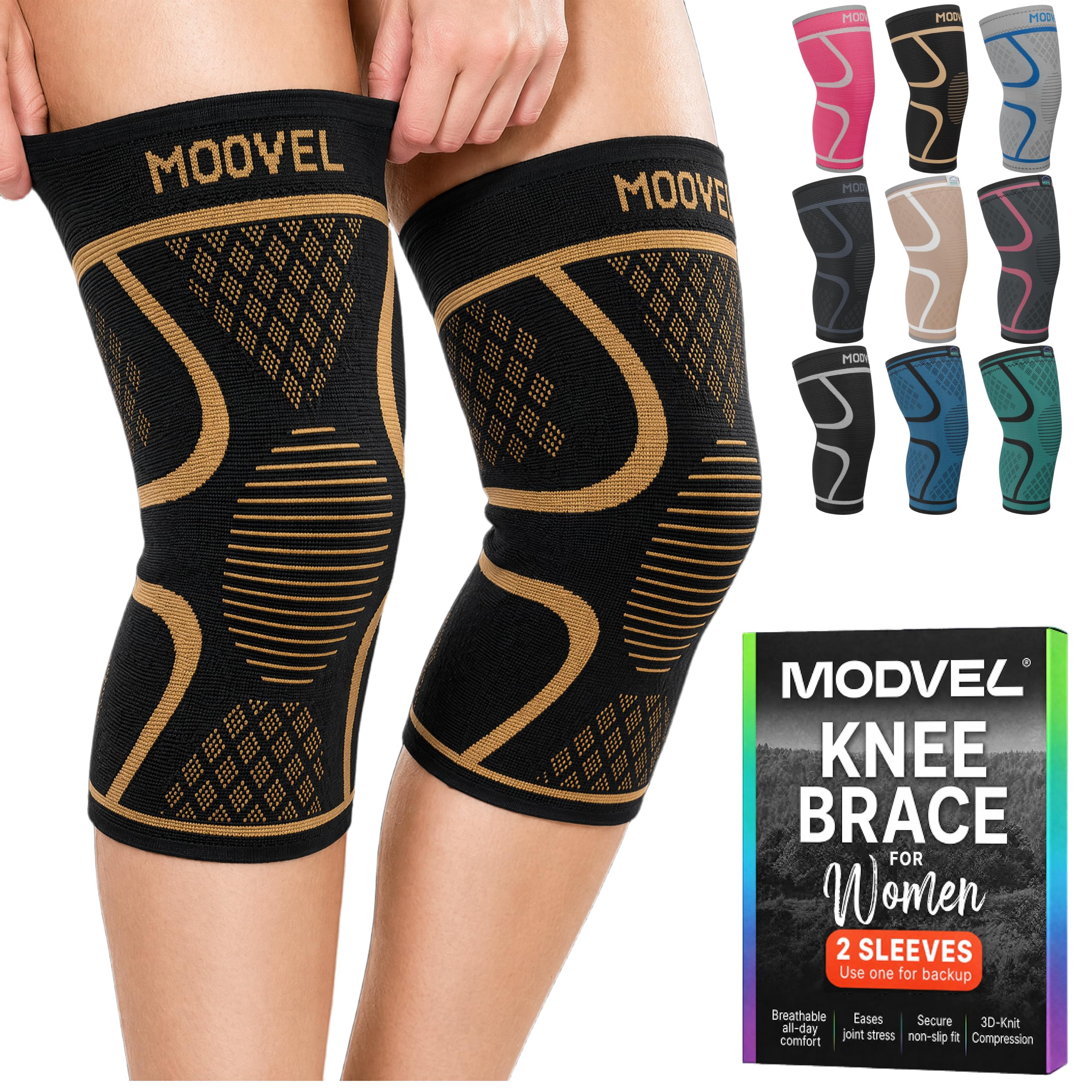Modvel 2 Pack Knee Brace for Women - Knee Support for Walking, Knee Compression Sleeves for Pain Relief, Knee Sleeves for Women, Knee Brace for Sports, Workouts & Arthritis Copper Small Set A - Knee Brace