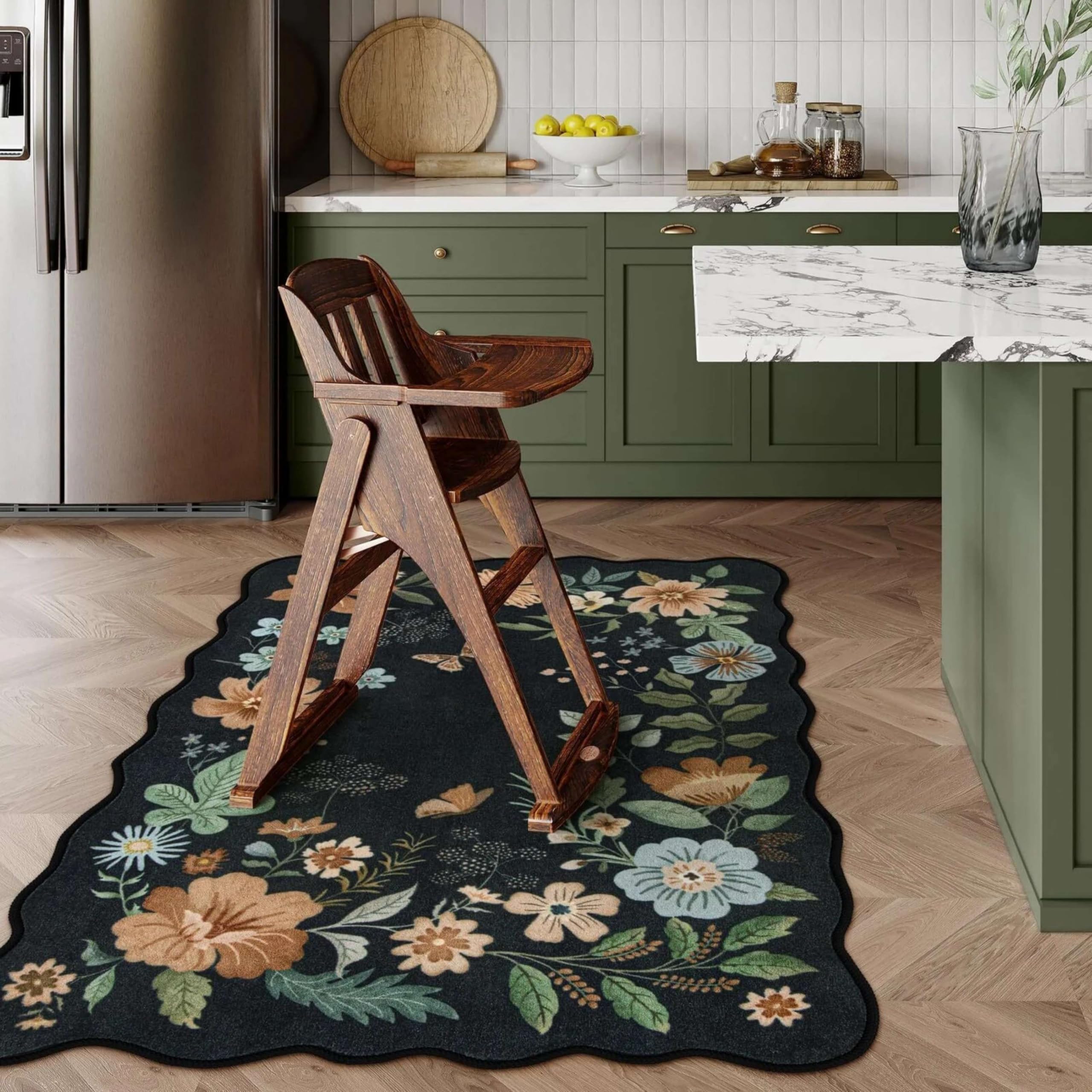 SOJAWA Black Rugs 200x260cm Boho Washable Flower Area Rug,Non-Slip Living Room Soft Area Rug,Low Pile,Vintage Floral Area Rugs for Bedroom,Kitchen,Entryway, Lounge, Bedside, Dorm