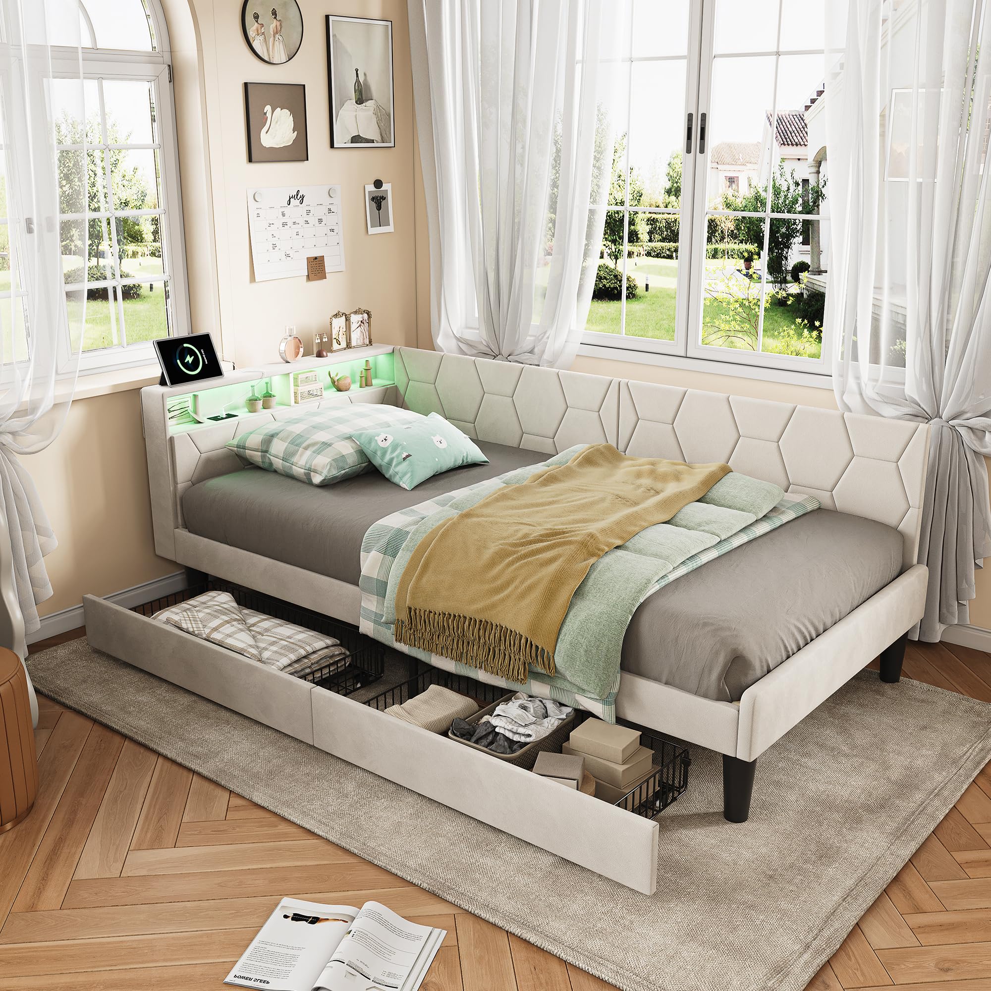CDQL Łóżko tapicerowane, sofa do spania 90 x 200 cm z oświetleniem LED i portami USB, łóżko do przechowywania z 2 szufladami, zagłówek ze schowkami, łóżko funkcyjne, łóżko pojedyncze, aksamitne