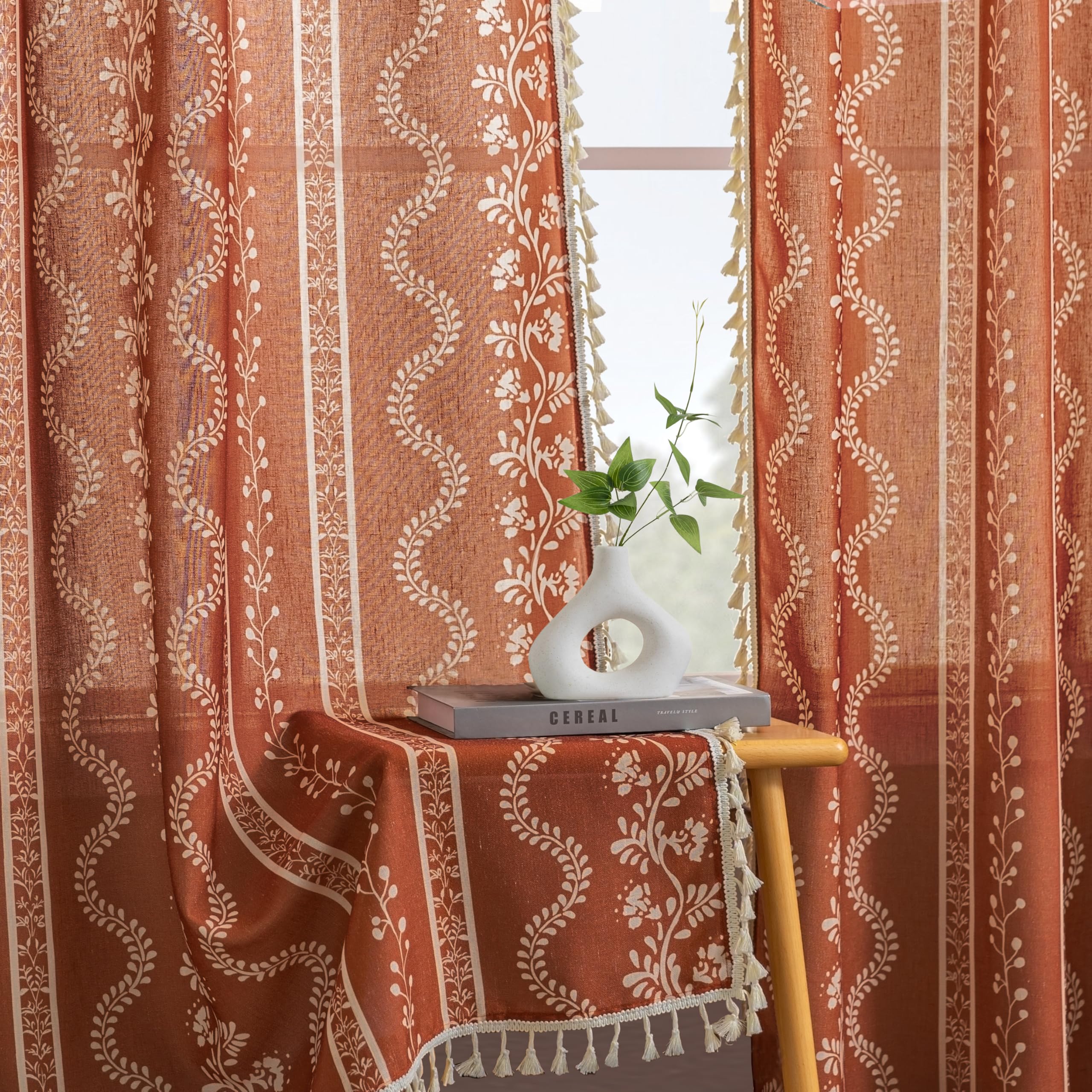 Böhmische Vorhänge mit Blumenmuster für Wohnzimmer, Terrakotta, Boho-Leinen, durchscheinende Vorhänge für Schlafzimmer, 244 cm lang