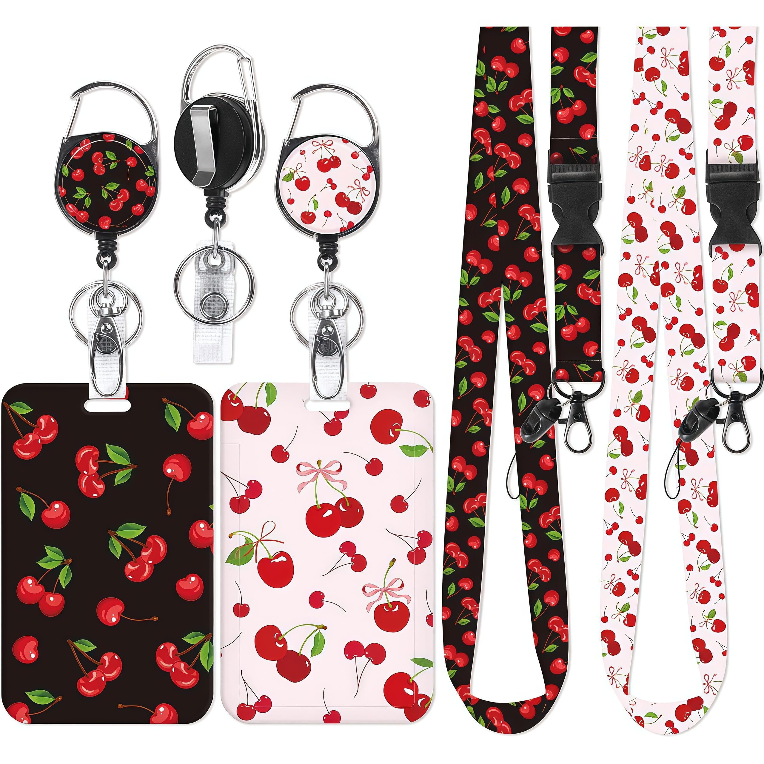 Fashionable Sliding Badge Holder with Cute Pattern, Lanyard Vertical Card Protector Cute Cherry Pattern for Teachers Women Men Office Staff Nurses