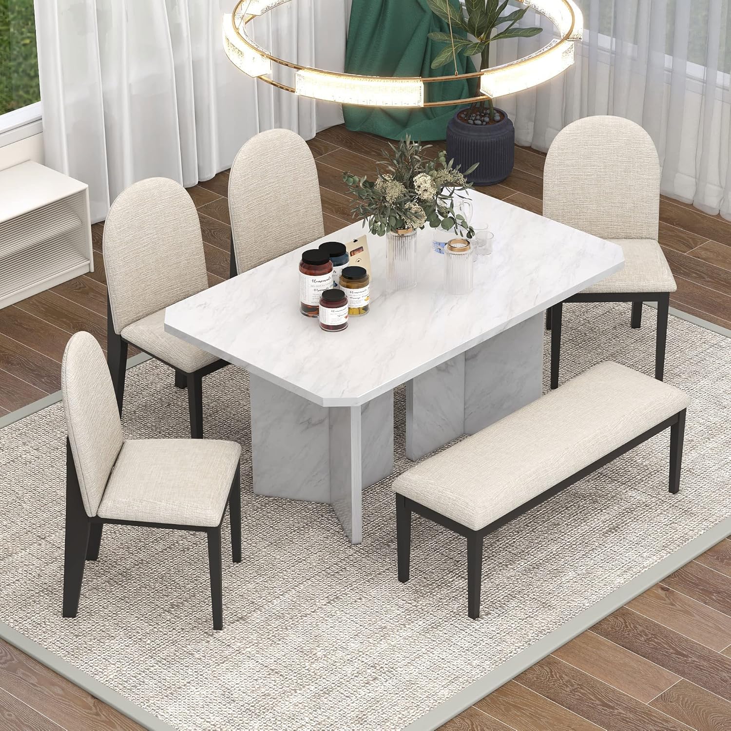 WOZNLA Room 6-Piece Modern Style Set-Faux Marble Table with 4 Upholstered Dining Chairs & 1 Bench-Contemporary White Design for Family Kitchen 6-Piece Dining Table Set Style 4 *just the dining bench*