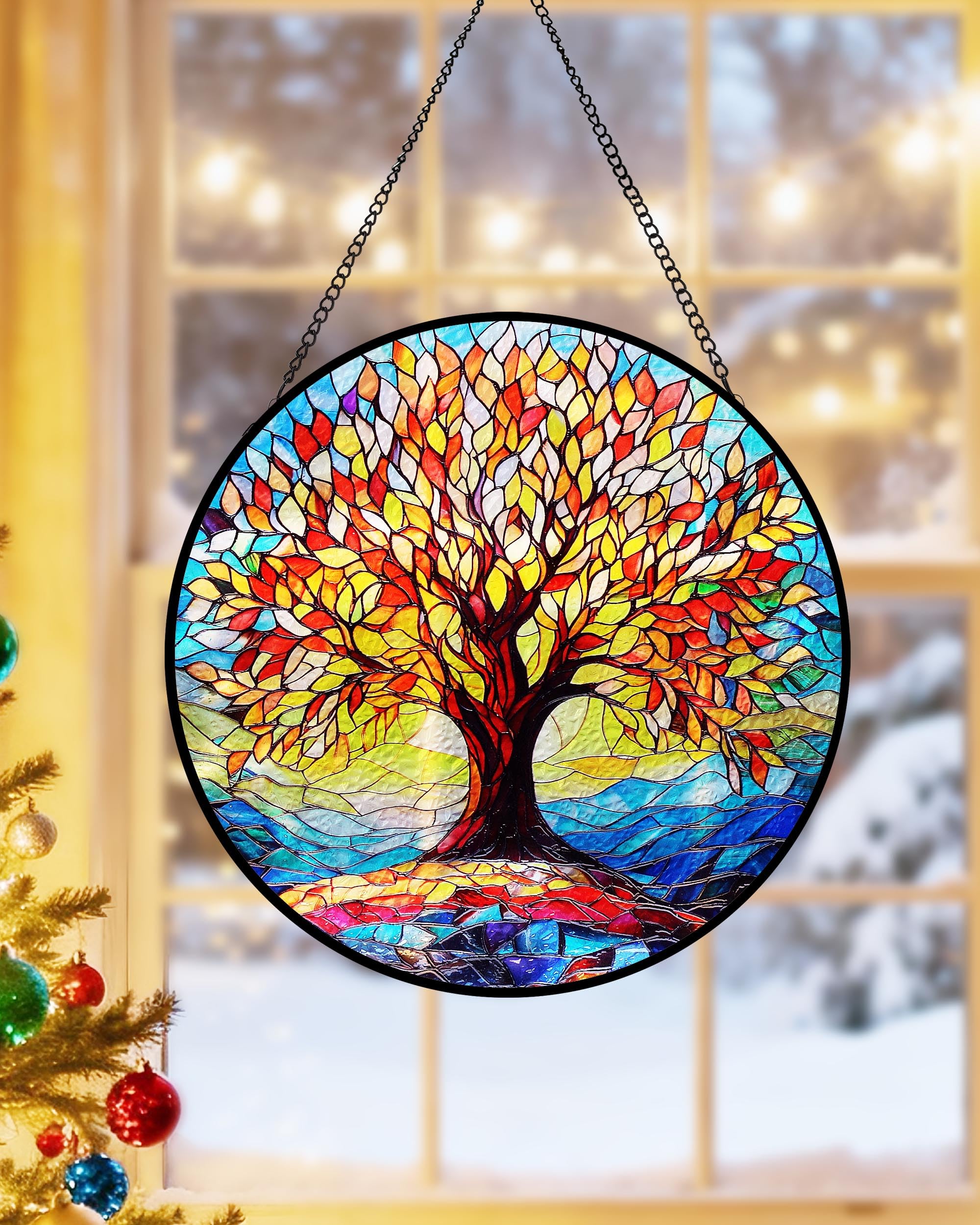Tree of Life Stained Glass Suncatcher for Window Hanging for Women, 8" Round Indoor Window Sun Catchers, Thoughtful Birthday Present for Mom &