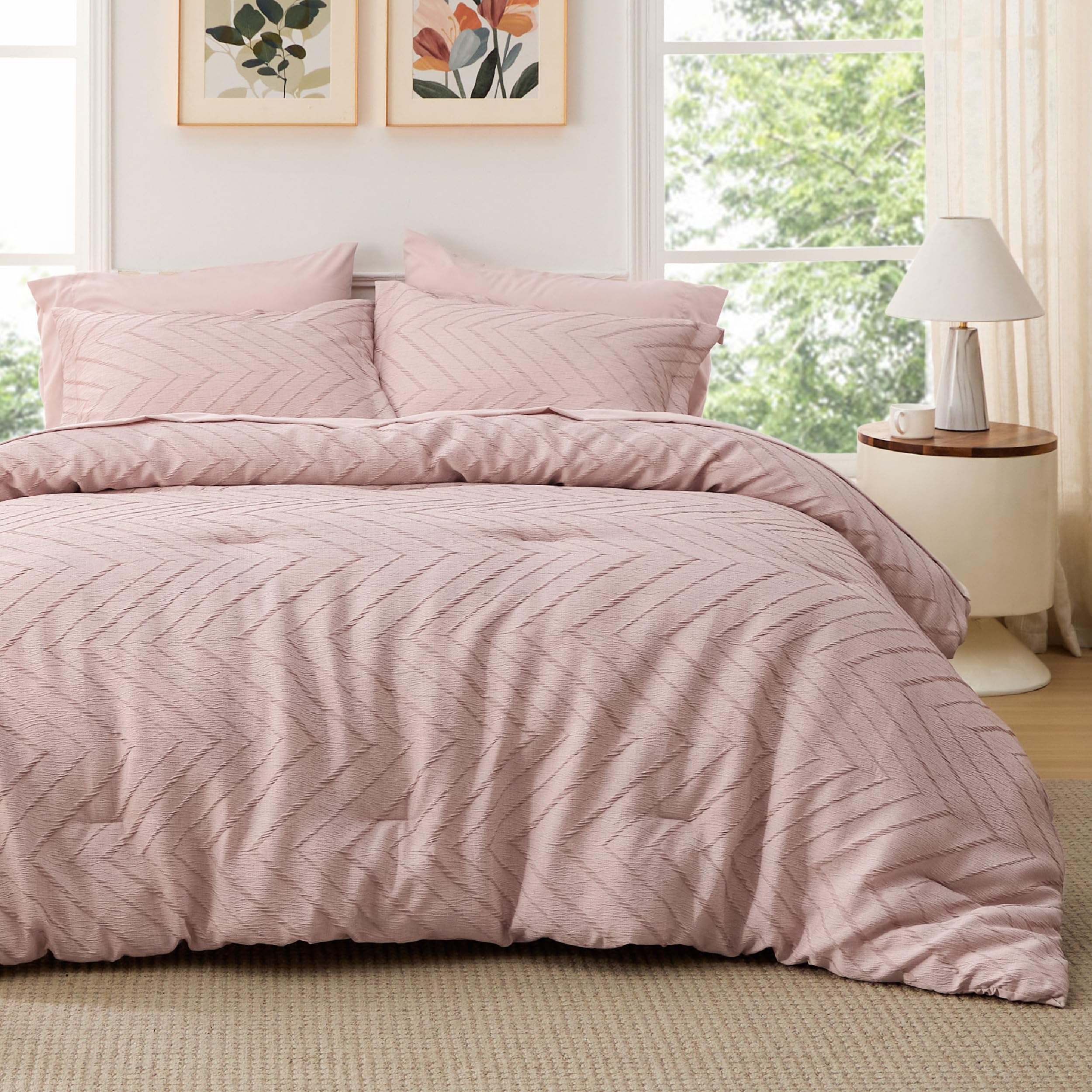 Bedsure Boho Full Size Comforter Set - 7 Pieces Jacquard Crease Comforter Bedding Set, Bed in a Bag with 1 Comforter, 1 Flat Sheet, 1 Fitted Sheet, 2 Pillowcases & 2 Shams, Pink Bedding Comforter Set