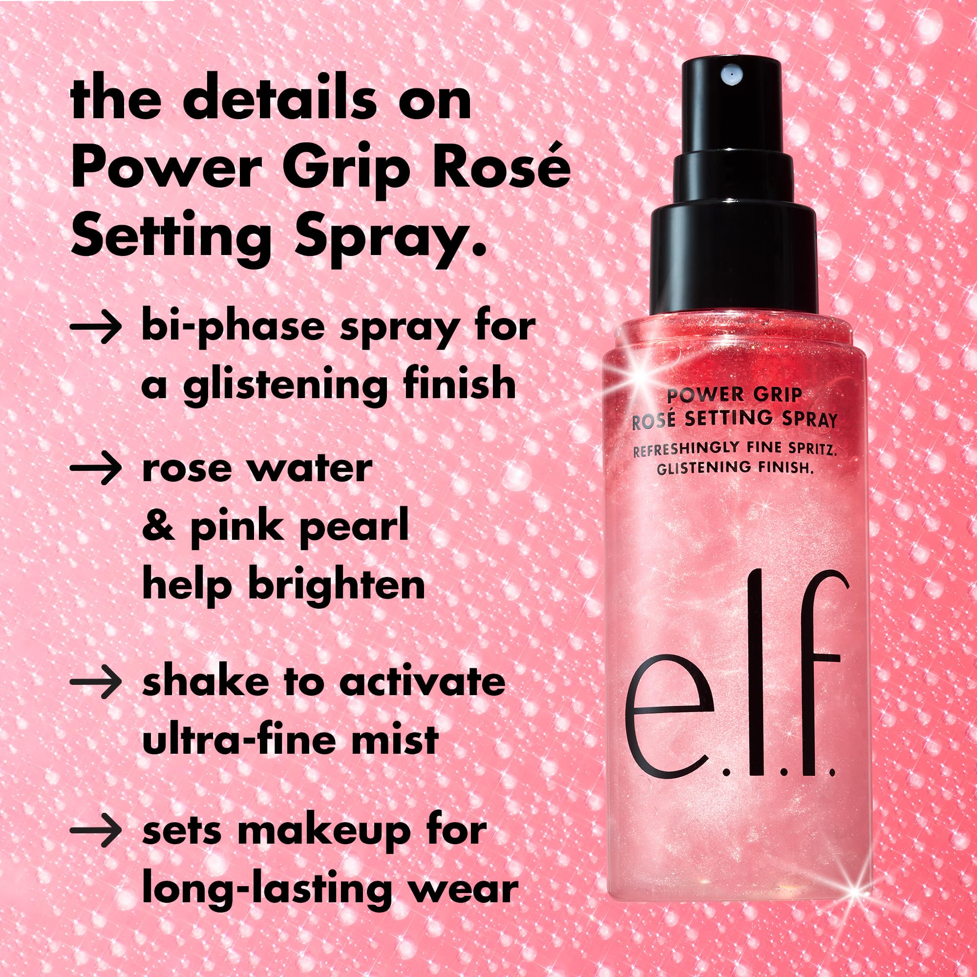 e.l.f. Power Grip Rosé Setting Spray, fissa il make-up per una lunga tenuta e un finish brillante, realizzato con niacinamide, vegano e cruelty-free