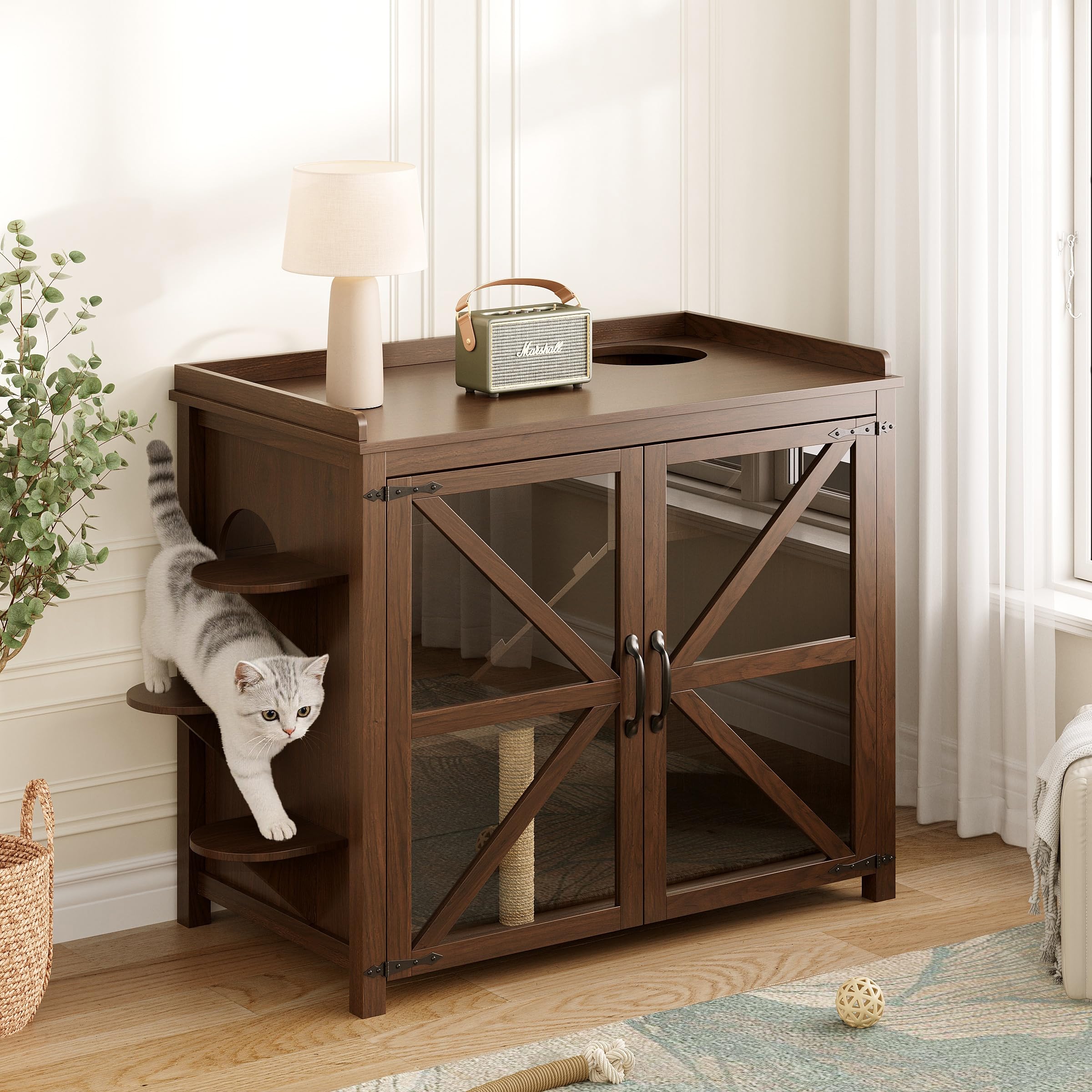 Large Litter Box Enclosure with Sisal Scratch Post, Multi-Level Climbing Route, Cat Litter Box Furniture with Glass Door, Farmhouse Hidden Litter Box Cabinet, Cat Box Enclosure, Walnut - image 3