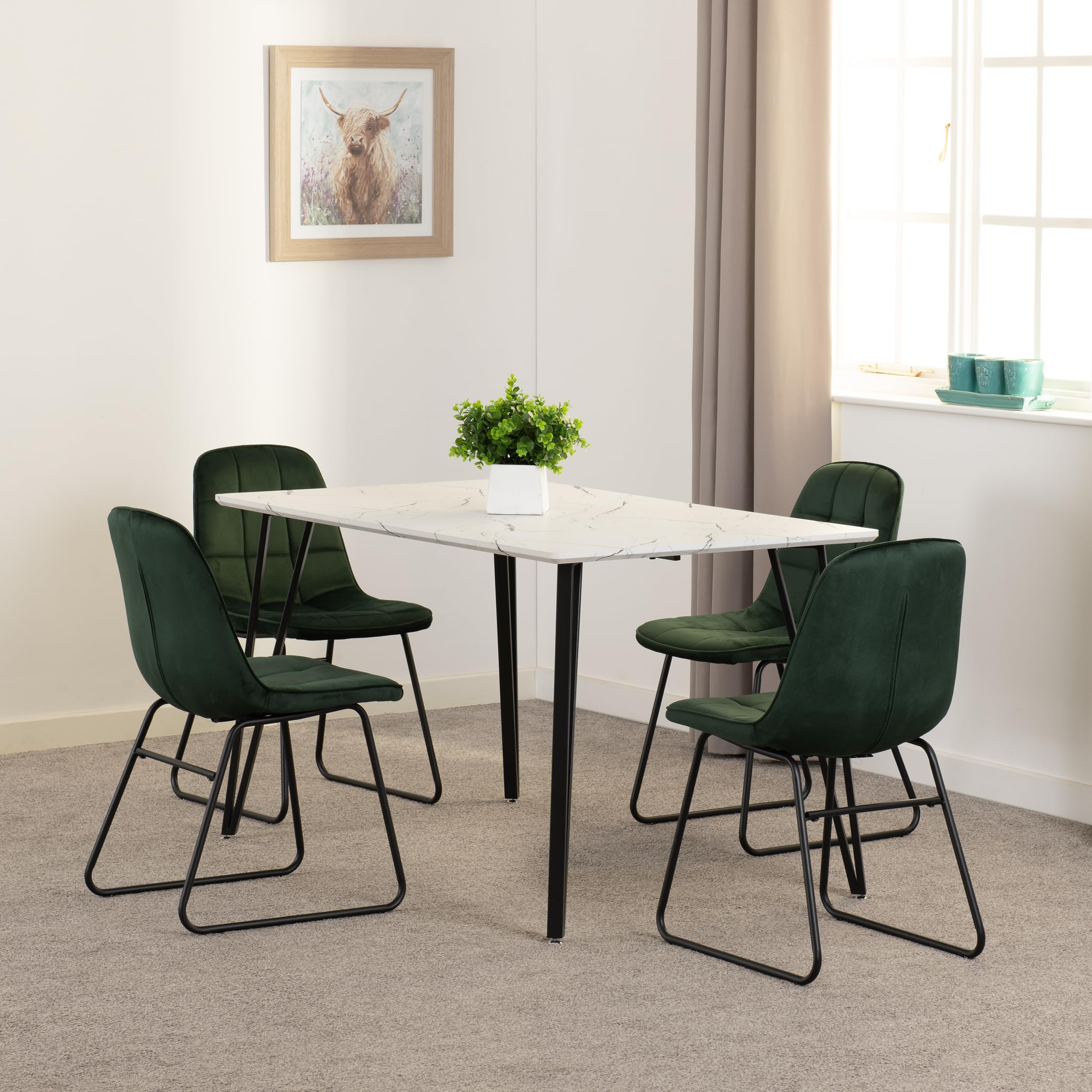 Seconique Marlow & Lukas Dining Set X4 Chairs Green Velvet