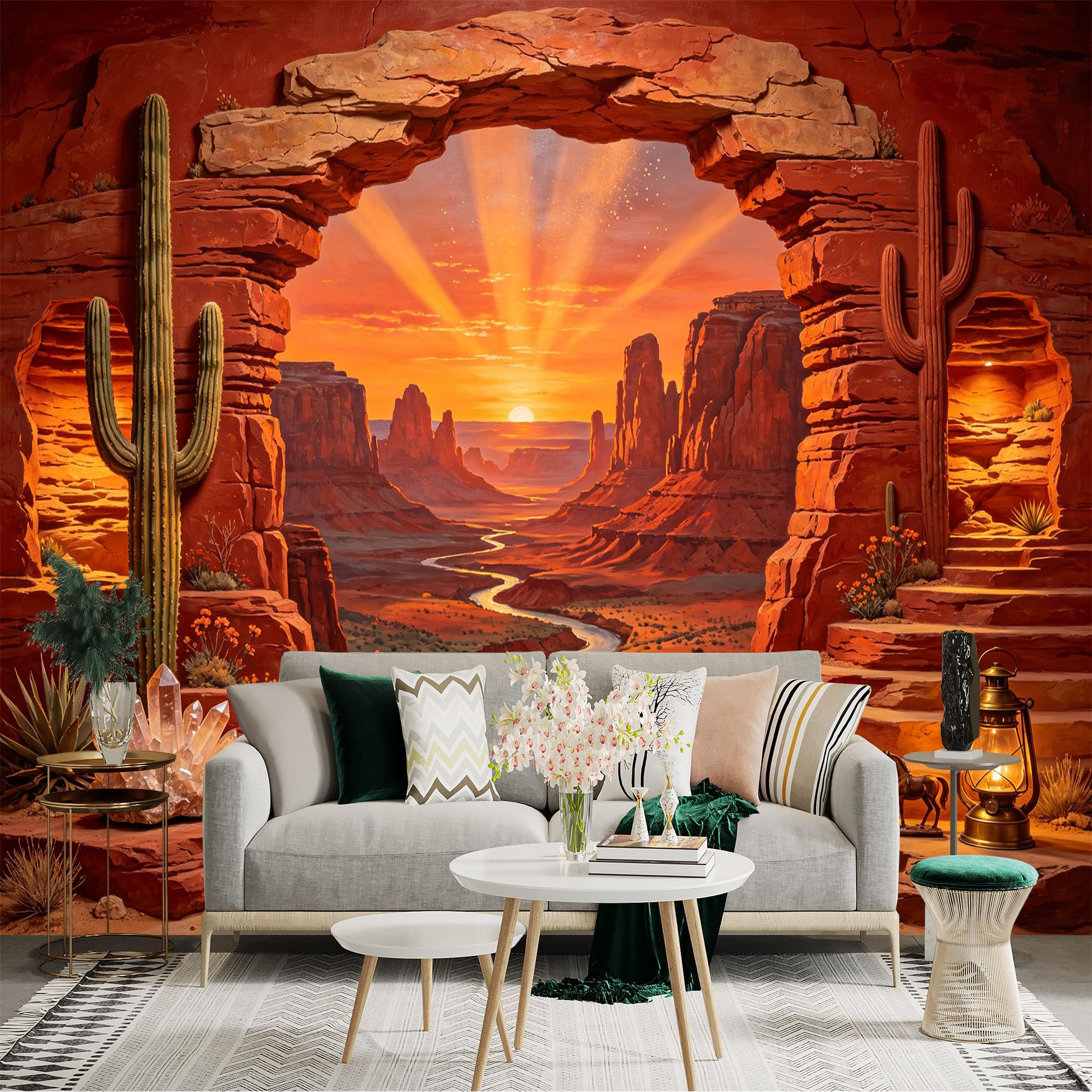 Custom Size Wall Sticker Mural， Desert Canyon Sunset with Cactus， River Valley and Rock Arch， for wall Decoration， peelandstick wall Decals.