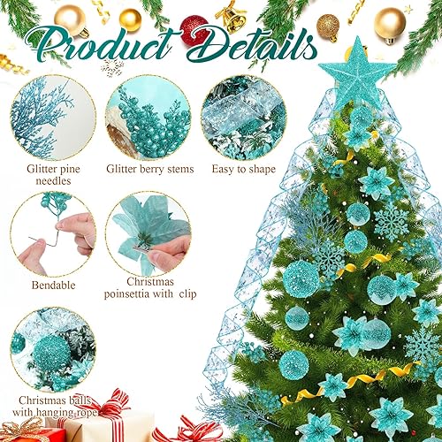 Miniatura 2 de Juego de 68 adornos para árbol de Navidad con purpurina inastillable, adornos de bola de árbol de Navidad, flores de nochebuena, cinta con alambre,