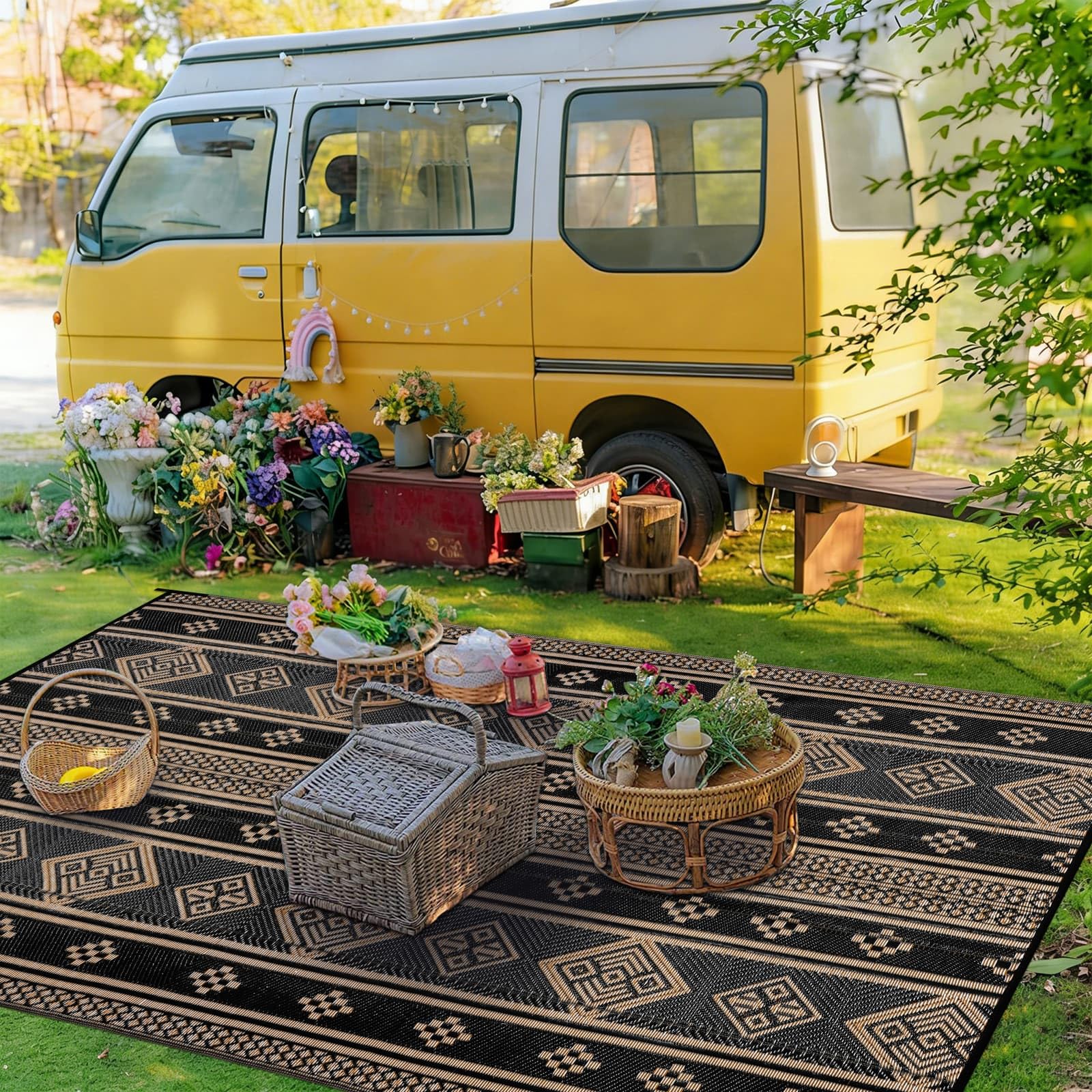 SHACOS Tapis extérieur réversible imperméable, résistant UV, pliable, balcon, terrasse, camping, plage, 180x270 cm, noir