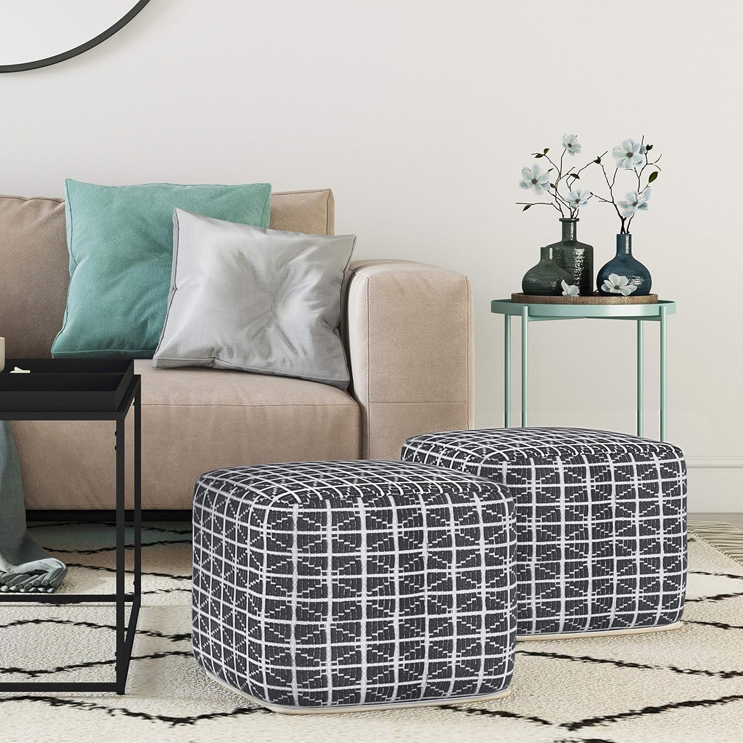 SIMPLIHOME Noreen Boho Square Pouf in Slate Grey and White Handloom Woven Pattern for the Living Room, Bedroom and Kids Room