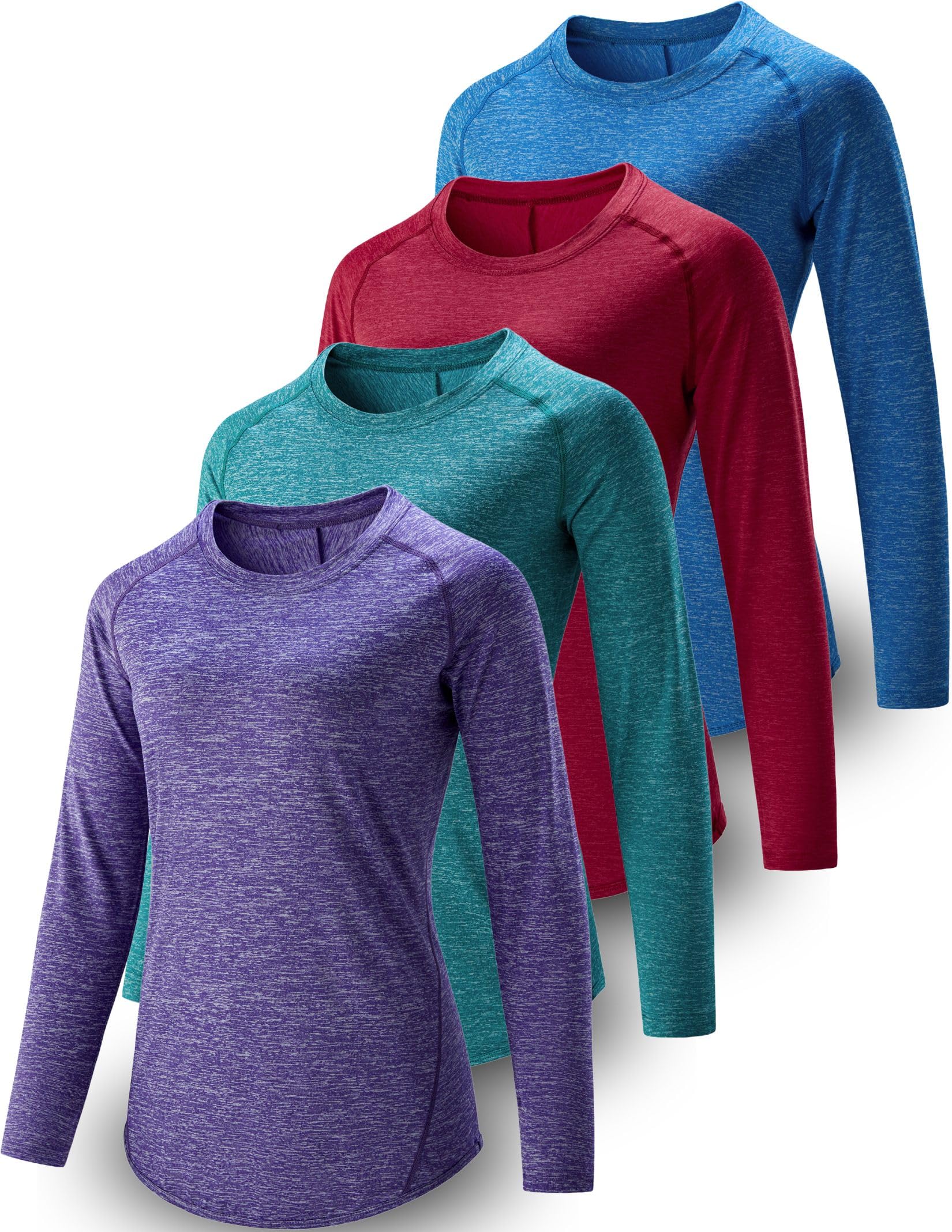 4-Pack: Womens Long Sleeve Athletic Tops with Thumb Holes – Dry Fit Active Crewneck Workout Tees