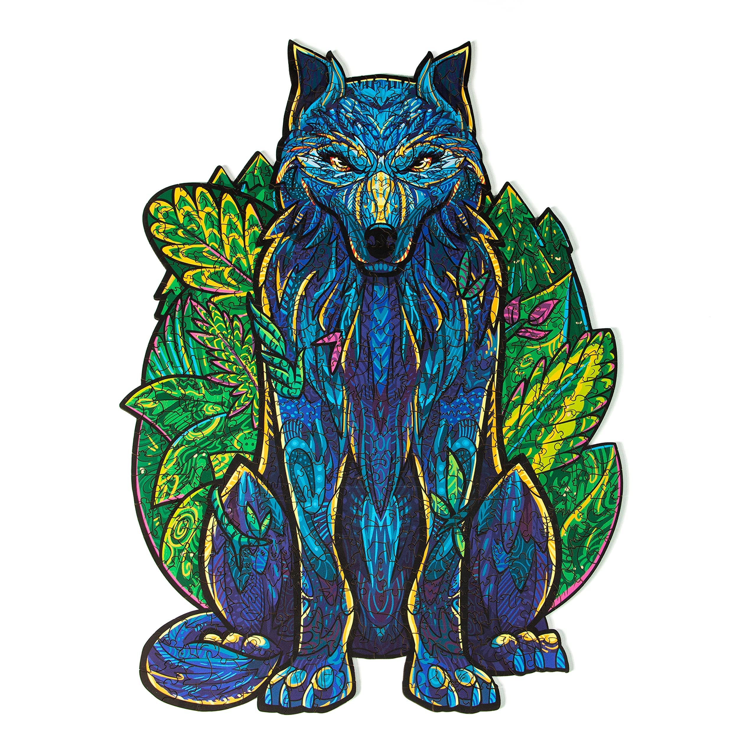 LEOGOR Wild Wolf - Wooden Wolf Puzzle - 419 Pieces, 19.7 x 14 inches - Unique XL Whimsical Design - Colorful Animal Shaped Wood Jigsaw Puzzle for Adults