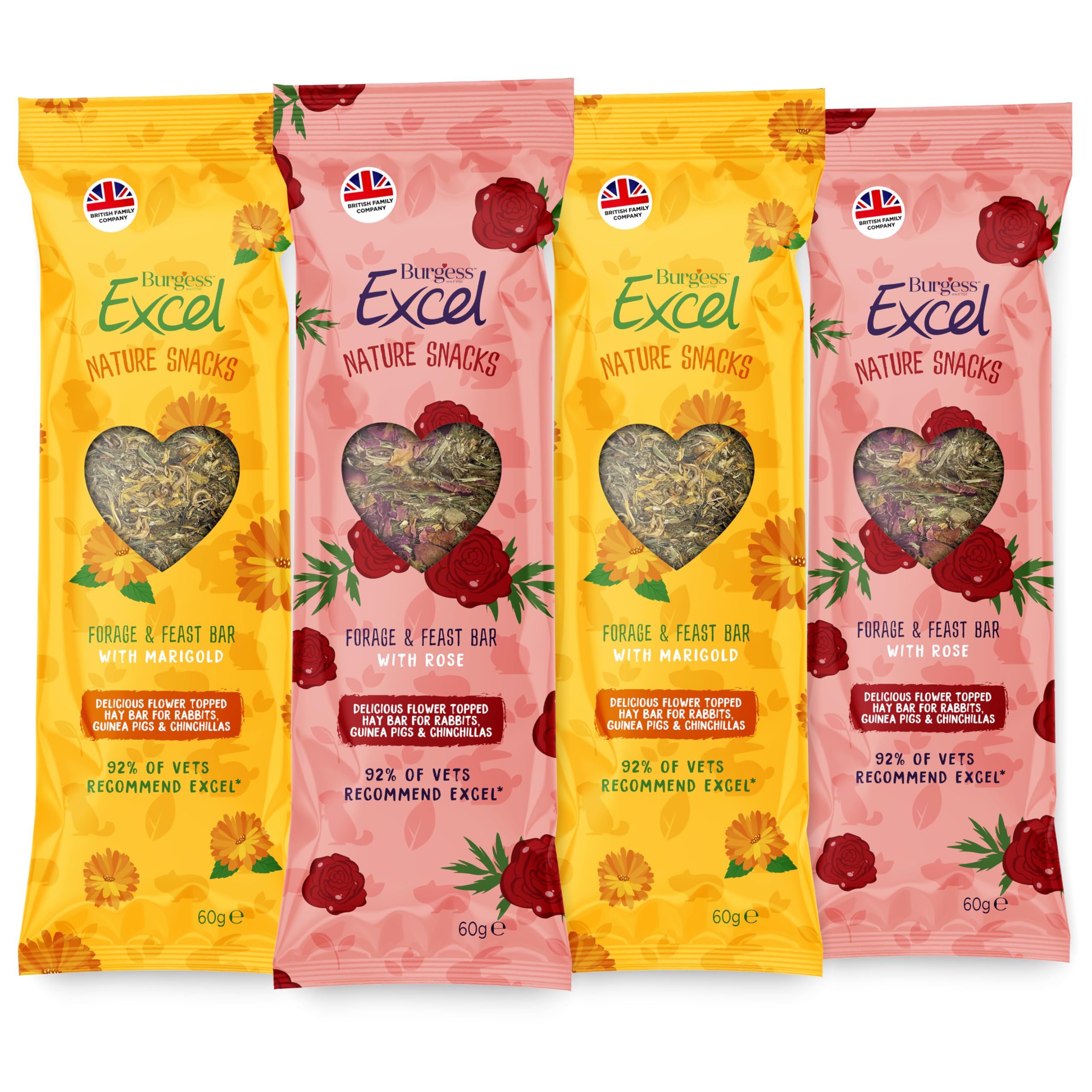 Burgess Excel Rabbit & Guinea Pig Treat Hay Bar Variety Bundle, 240g – Nature Snacks: Marigold & Rose - Delicious Hay Based Treats for Rabbits & Guinea Pigs (Mixed Multipack Pack of 4)