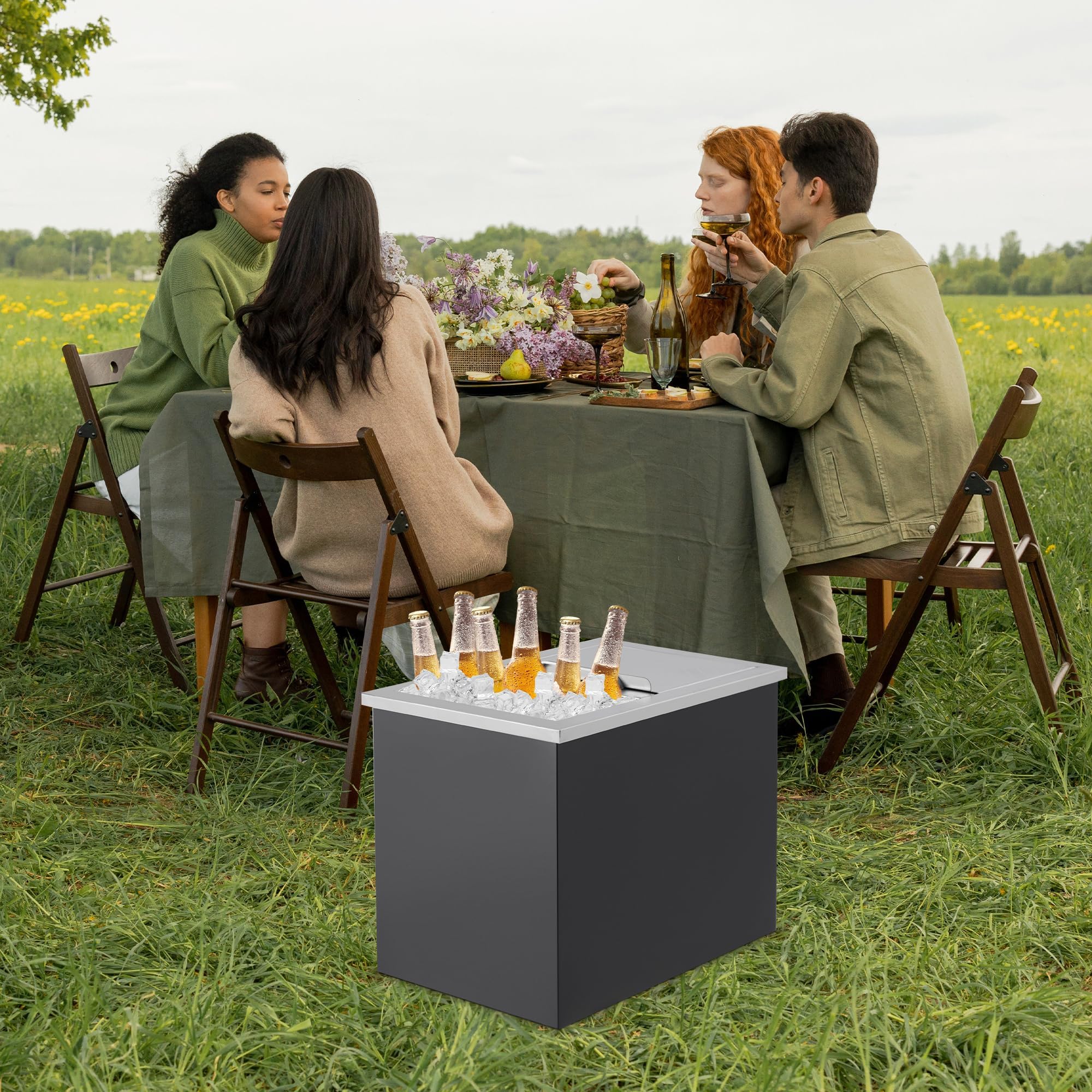 GarveeTech Großer Edelstahl-Eisbehälter für Outdoor Küche – Isolierte Drop-In Kühlbox mit Schiebeabdeckung & Ablauf, für BBQ, Bar & Garten – 27×18×21 Zoll, Schwarz/Silber, Schiebedeckel