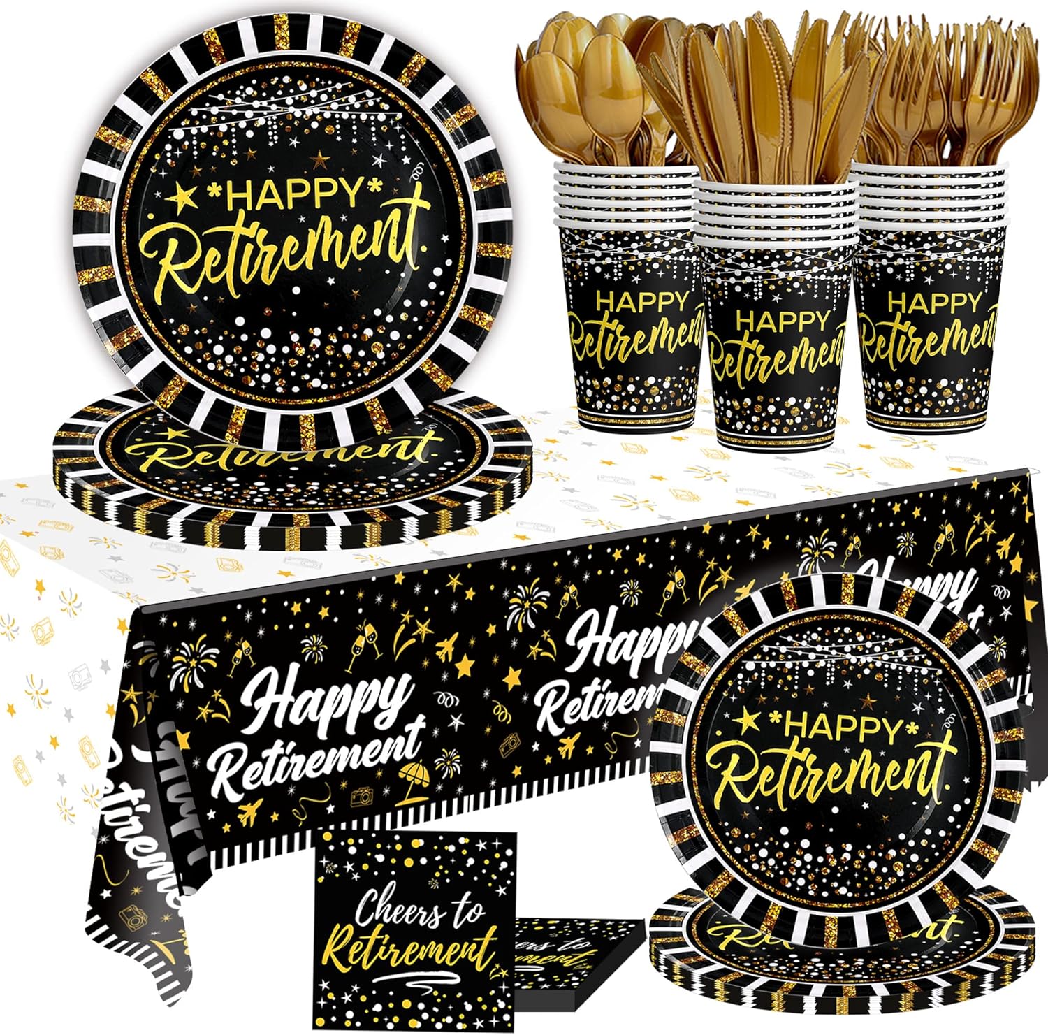 Happy Retirement Party Decorations Supplies (Total 169pcs) Black Gold Retirement Plates and