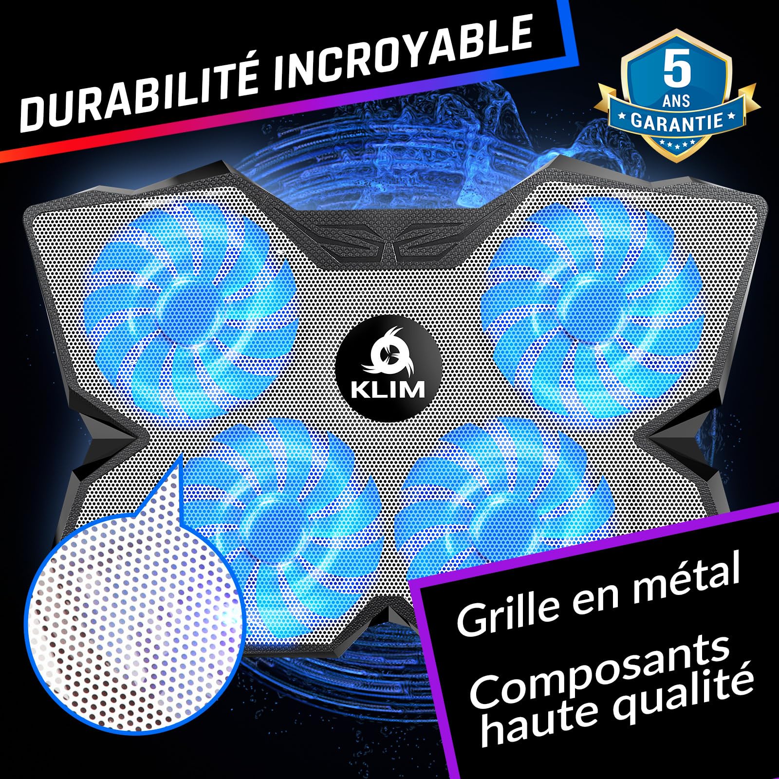 KLIM Wind - Refroidisseur Ordinateur Portable - Plus de 500 000 unités vendues - Nouveauté - Le Plus Puissant - 4 Ventilateurs Silencieux - Refroidisseur PC Portable PS5, PS4 - Blanc et Bleu