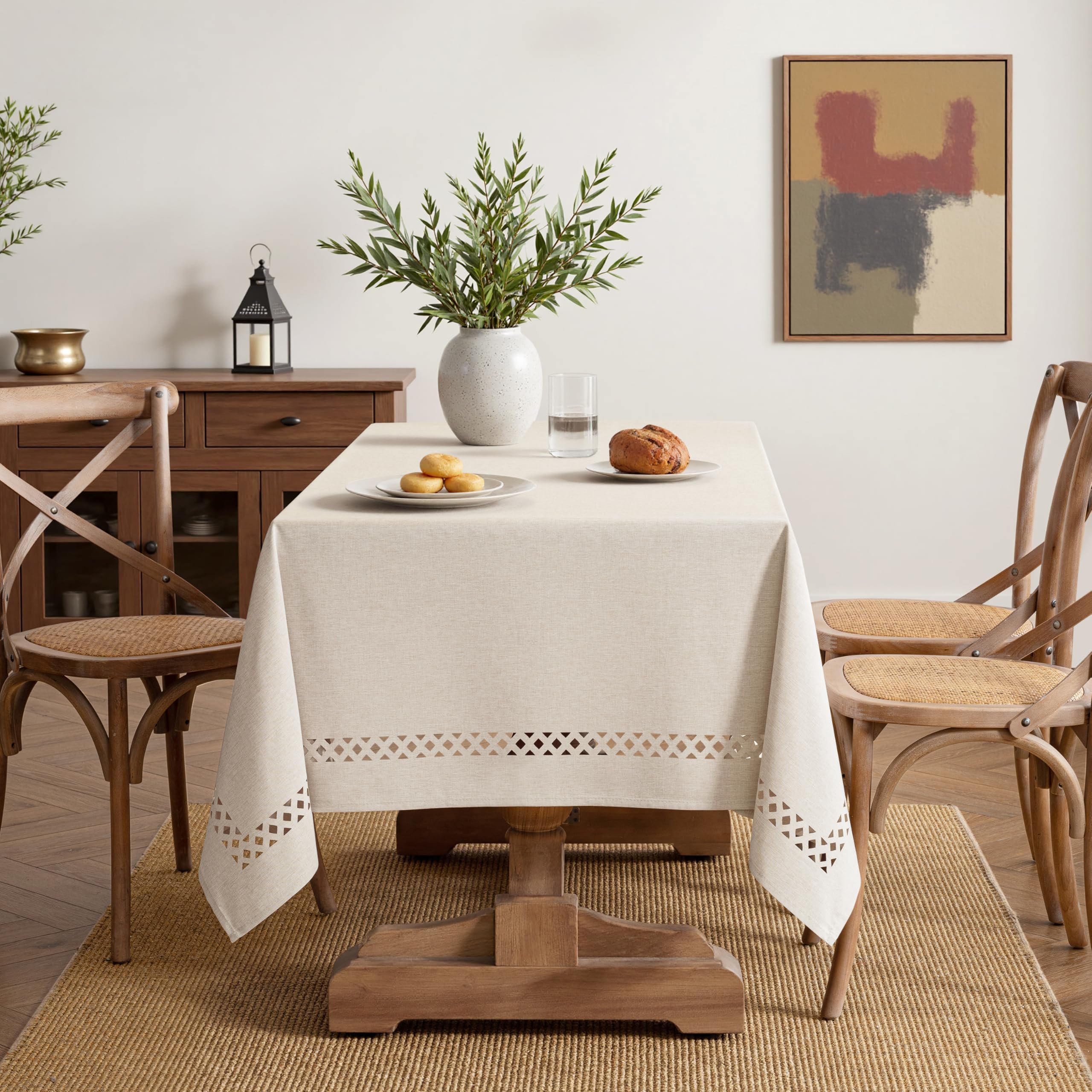 MIULEE Tovaglia Lino Impermeabile 140x240CM Tavolo Cucina Beige 1 Pezzo | Anti-Macchia Elegante Design Intaglio Rettangolare Giardino Feste Pranzo Lavabile Facile Pulizia