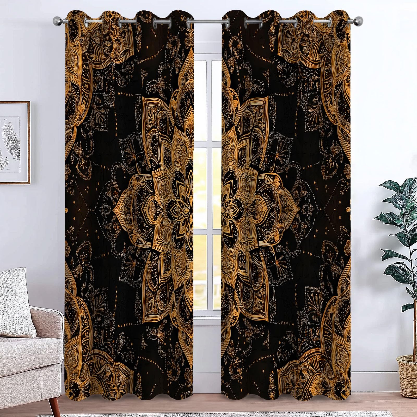 Tende Oscuranti per Interni 2 Pezzi 140x140 cm (LxA), Mandala Gold Tenda Coprente per Soggiorno, Termiche Isolanti Tendaggi per Interno con Anelli Finestra per Camera da Letto Salotto Cucina