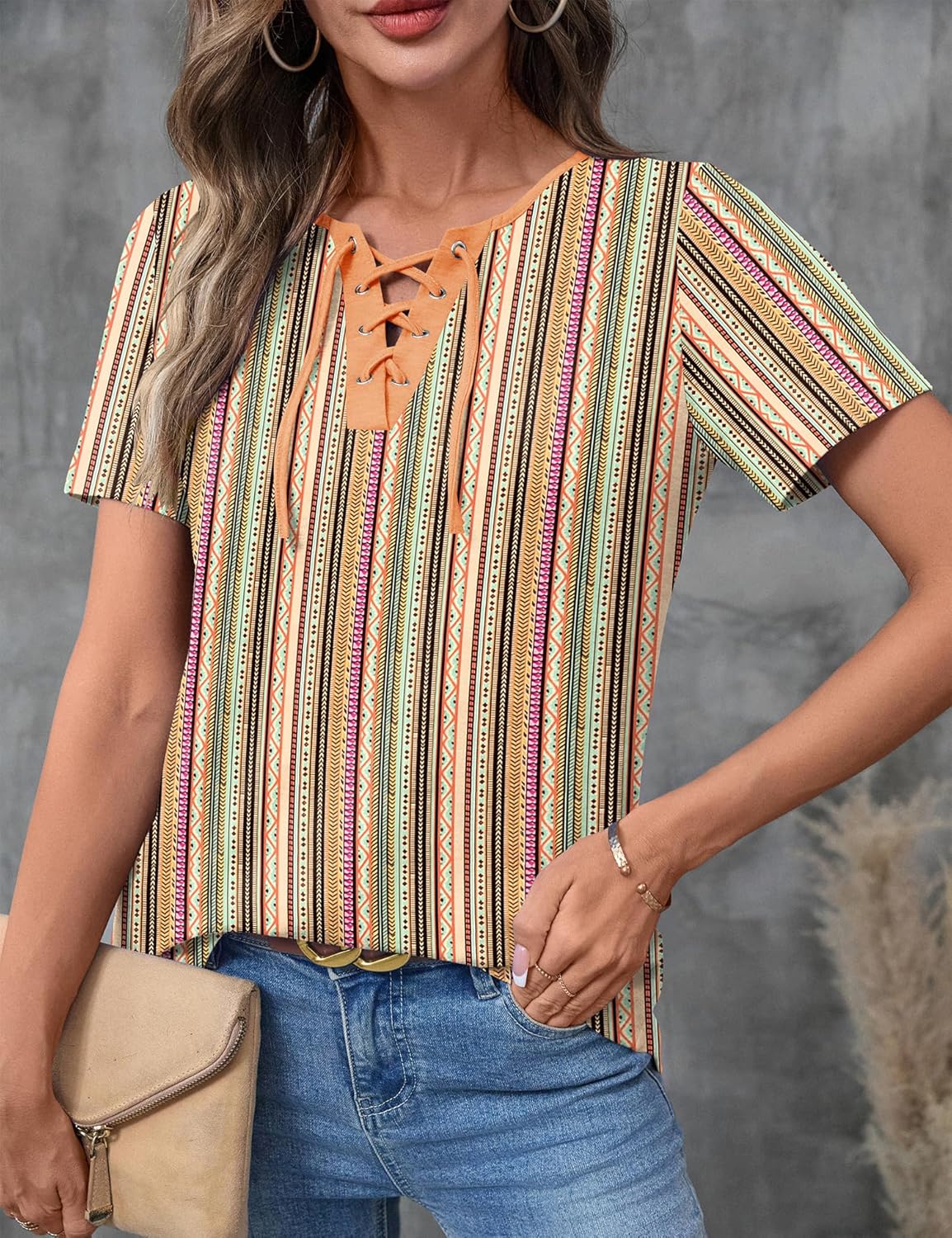 LOMON Womens Criss Cross Short Sleeve T-Shirts V-Neck Floral Summer Blouse Tops - Image 3