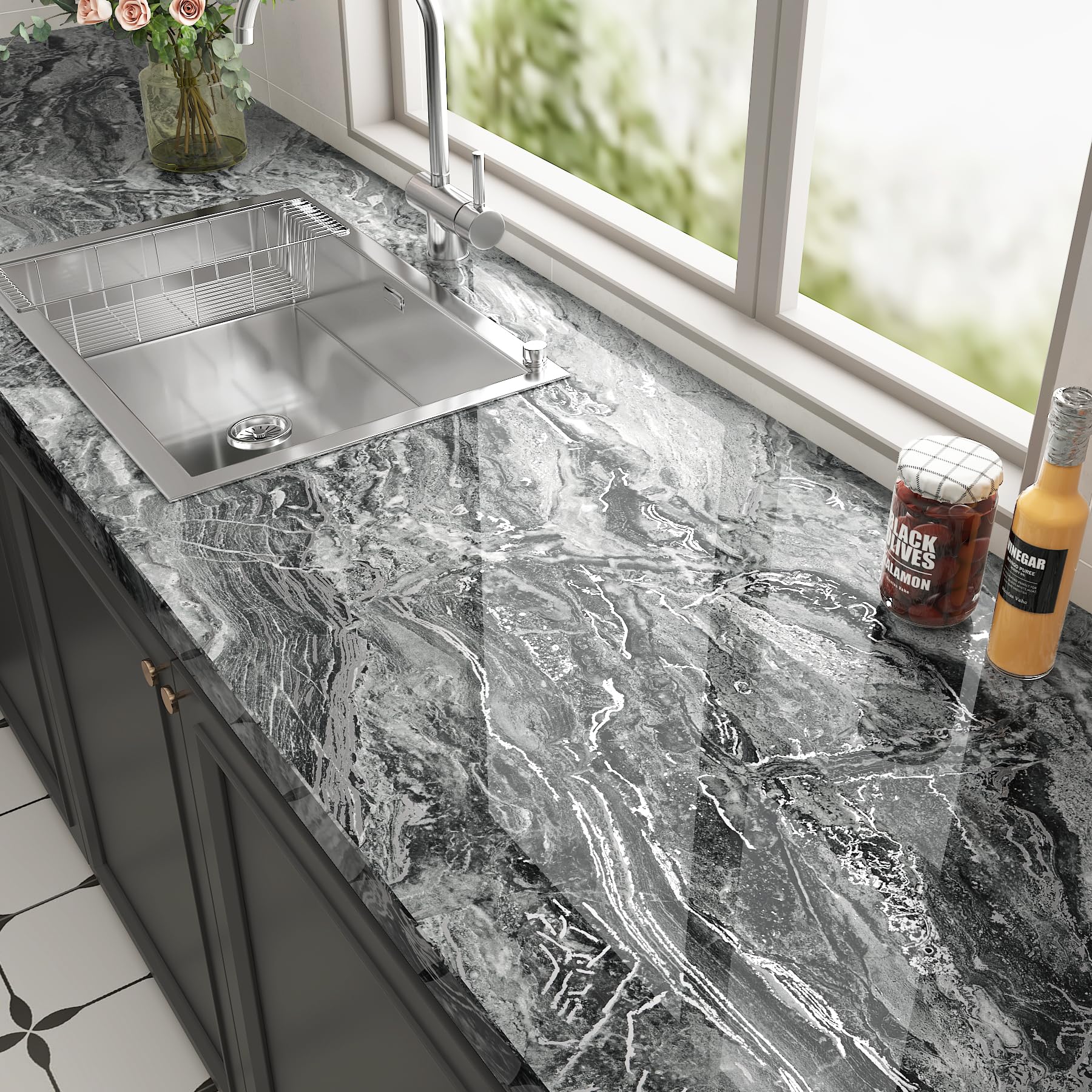 ReWallpaper 60CMx5M Carta da Parati Marmo Grigio Argento Lucido Pellicola Autoadesiva Mobili Cucina Bagno Rivestimento Tavolo Adesivo Marmo Grigio Carta Da Parati Moderna Camera Letto