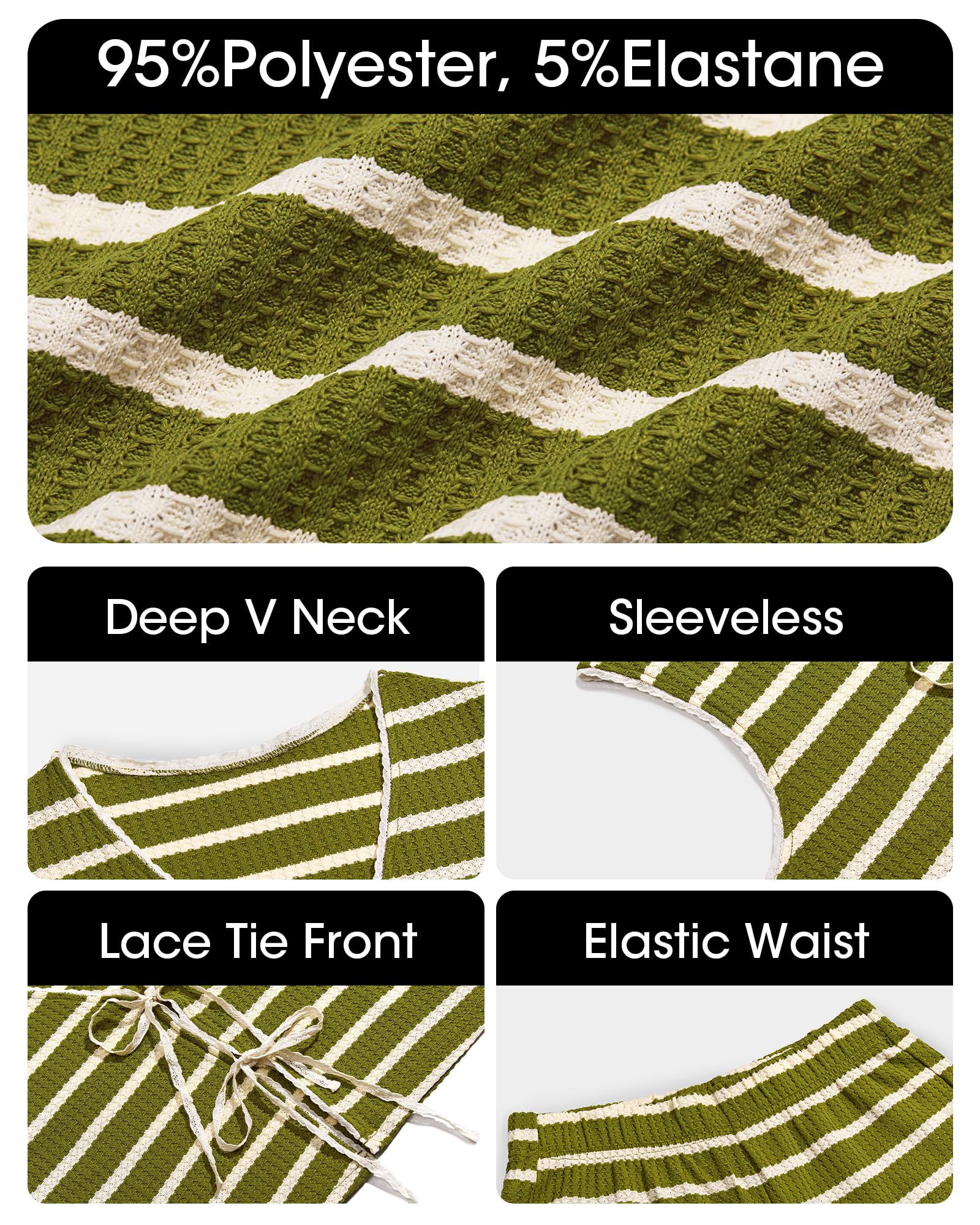 Tankaneo Set da donna all'uncinetto 2 pezzi abiti con cravatta anteriore senza maniche top pantaloni a gamba larga in maglia a righe Y2K set abbinati
