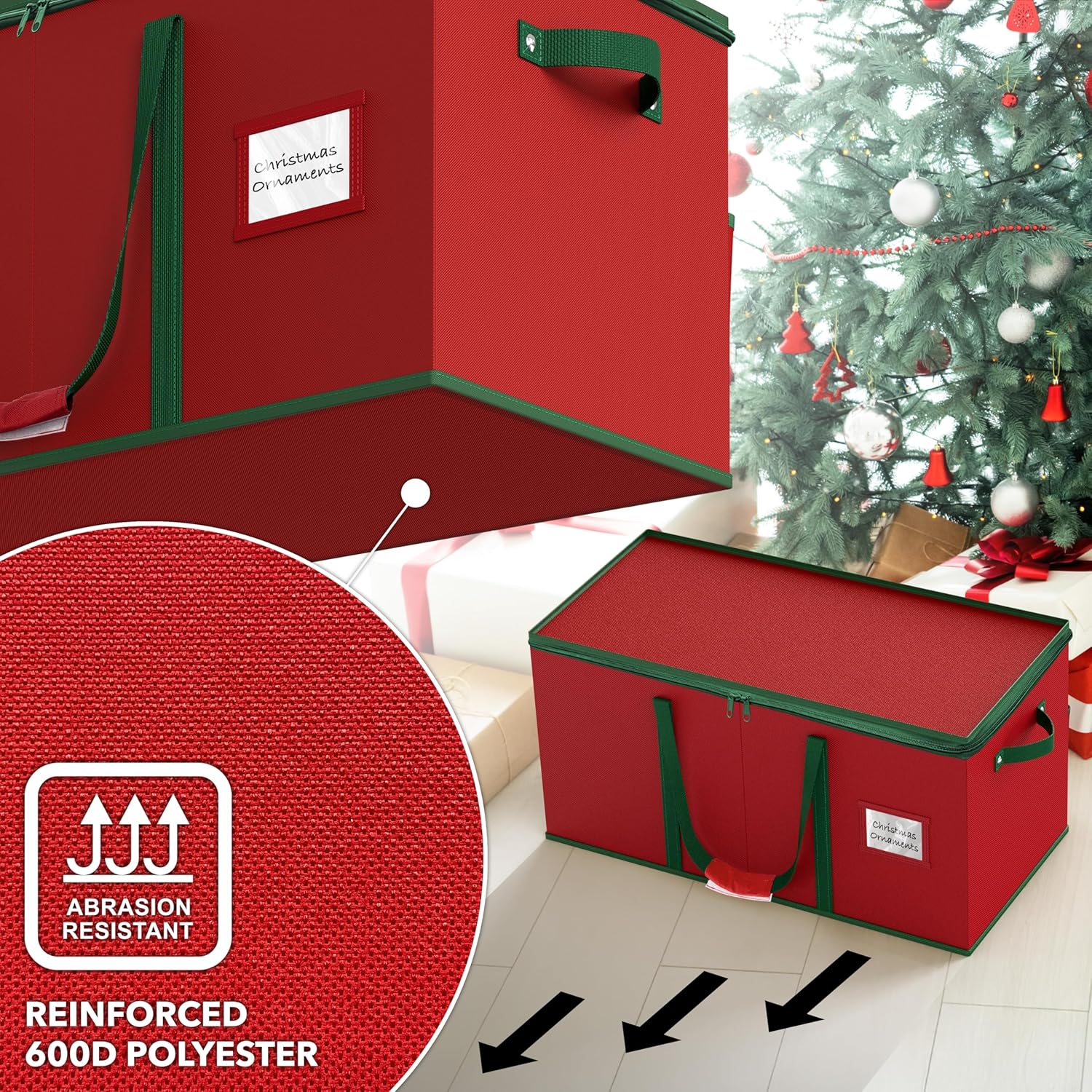 Simple Houseware Heavy-Duty Large Christmas Ornament Storage Box with Adjustable Dividers, Stores up to 128 Ornaments, Zipper Lid, Red - Image 5