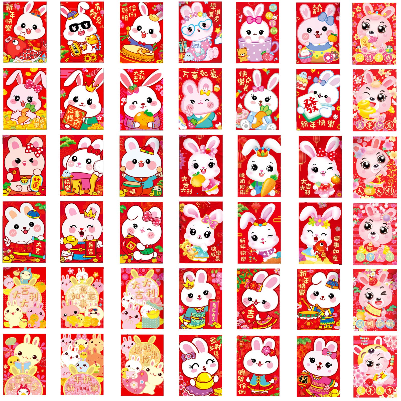 ORHA 42 Pcs Chinese New Year Red Packet Rabbit Small Red Envelopes 2023 Cartoon Lucky Money Packets for Spring Festival Gift Child Birthday Wedding (B)
